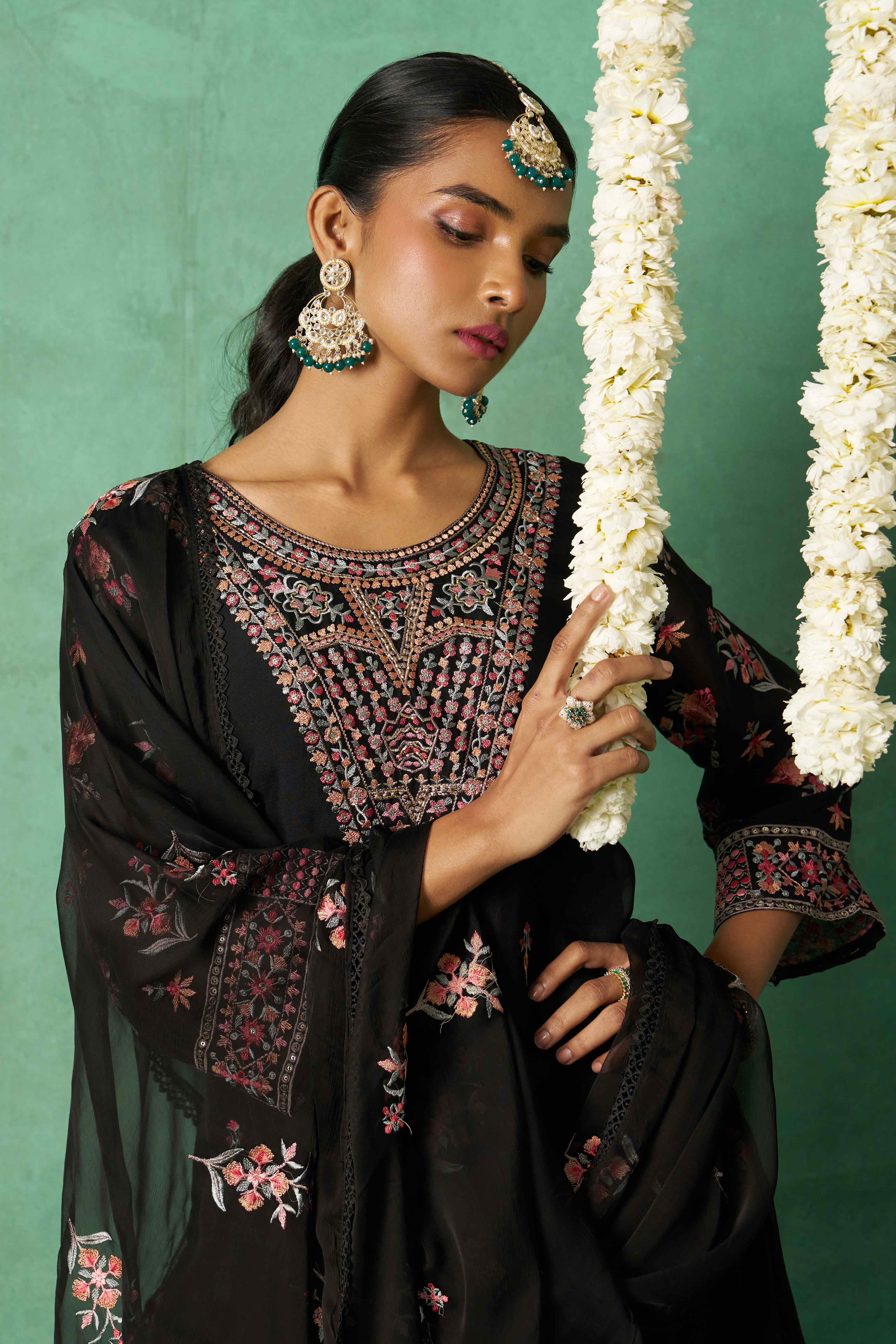 Black Floral Sequins Embroidered Organza Semi Stitched Suit - Image 7