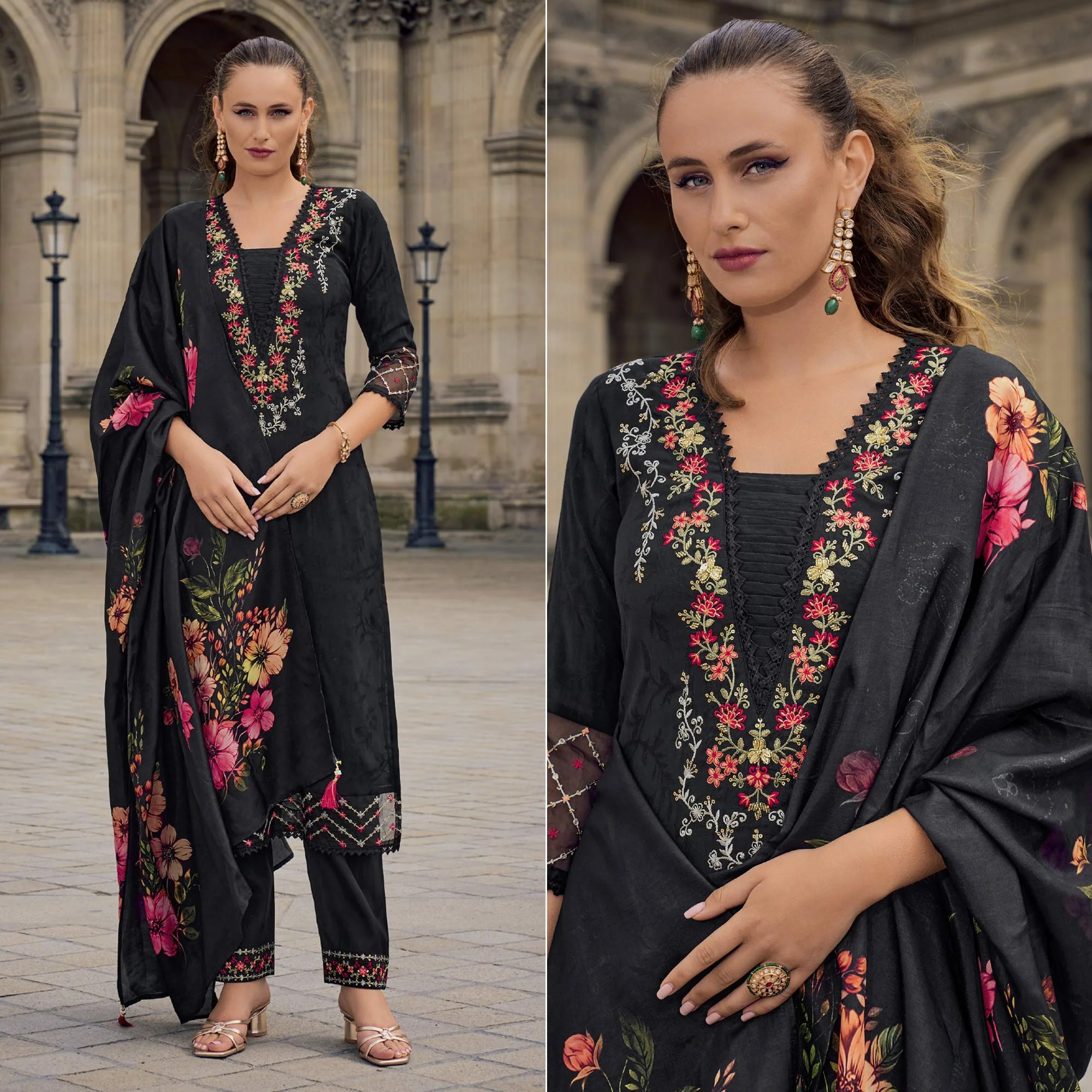 Black Floral Sequins Embroidery With Handwork Viscose Salwar Suit