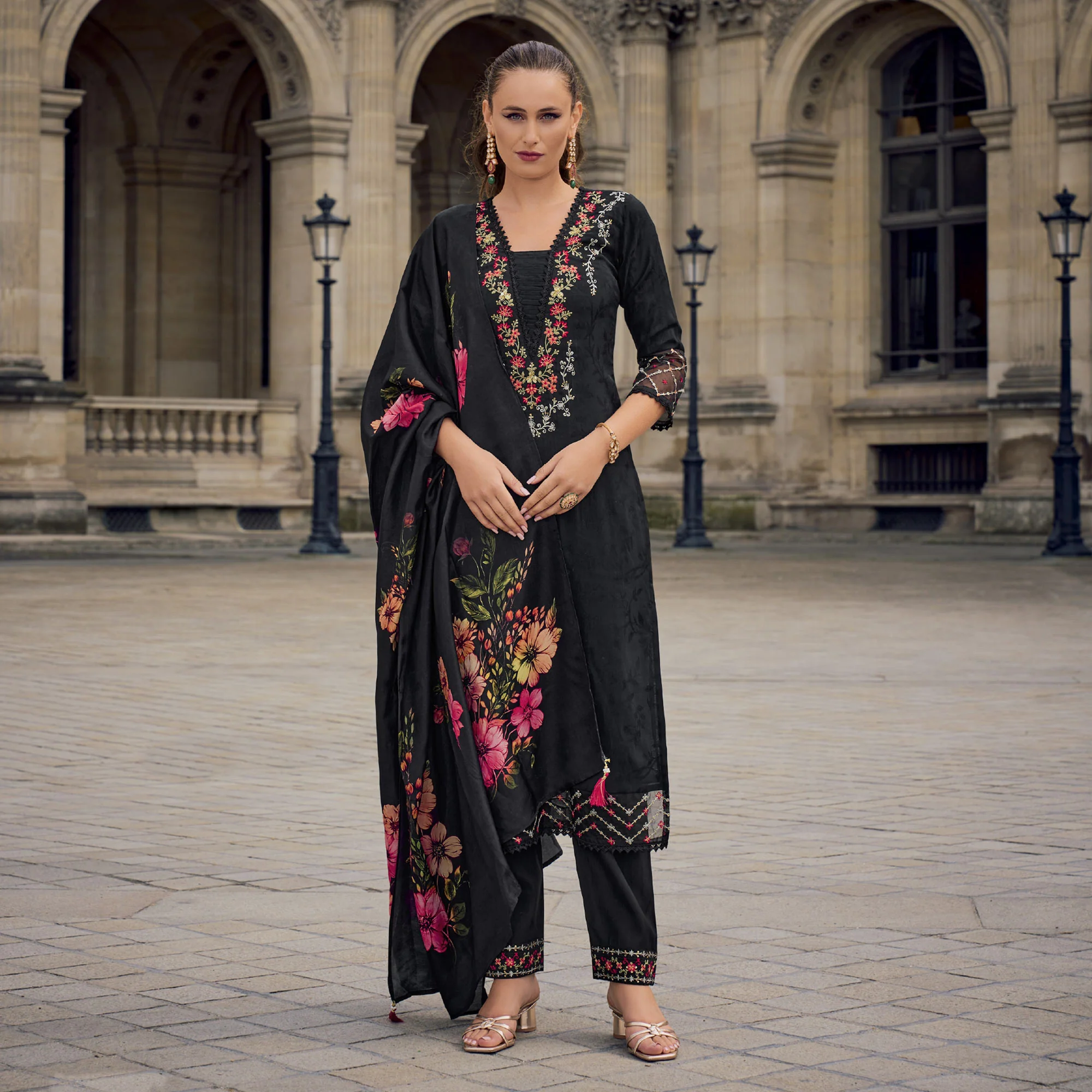 Black Floral Sequins Embroidery With Handwork Viscose Salwar Suit - Image 2