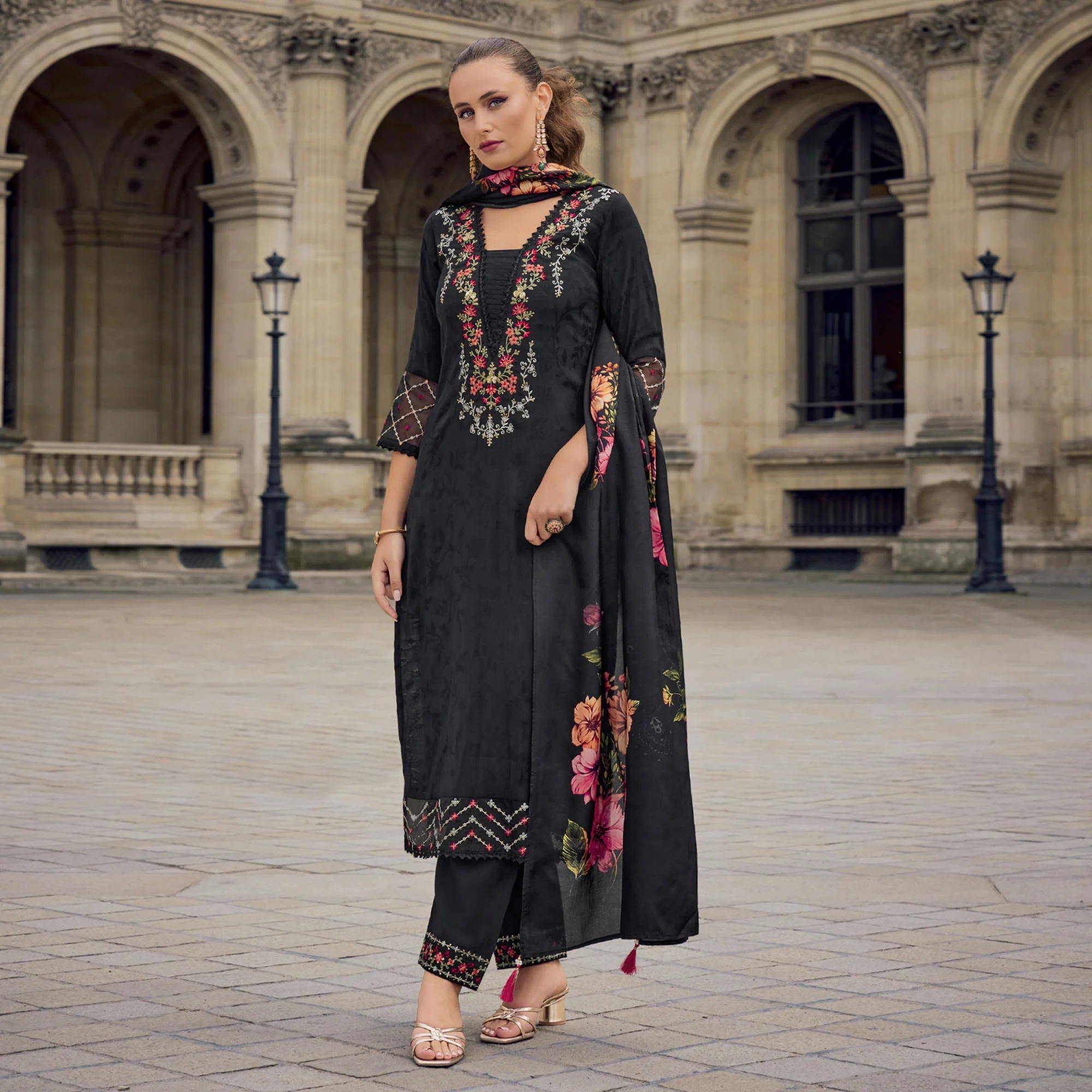 Black Floral Sequins Embroidery With Handwork Viscose Salwar Suit - Image 4