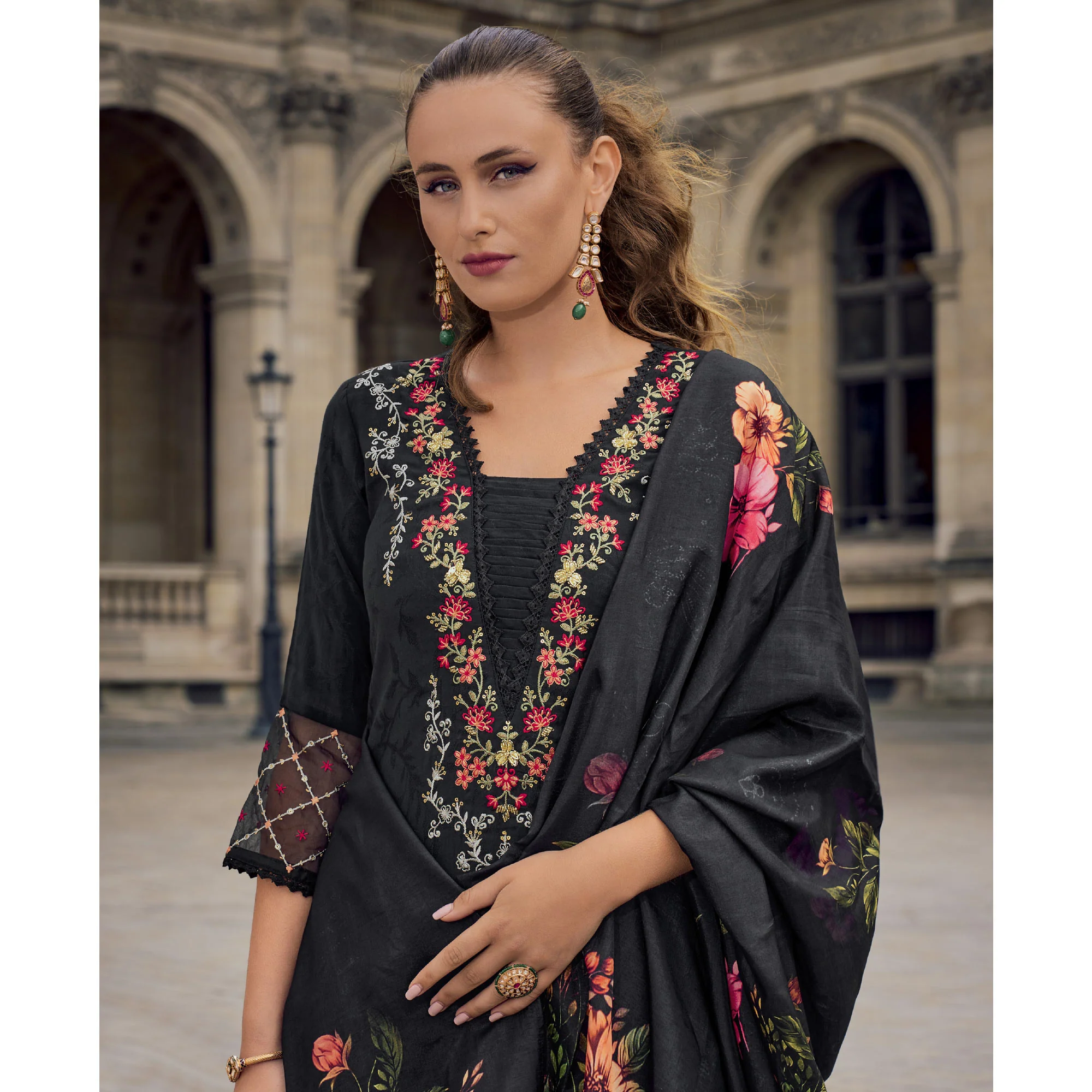 Black Floral Sequins Embroidery With Handwork Viscose Salwar Suit - Image 5