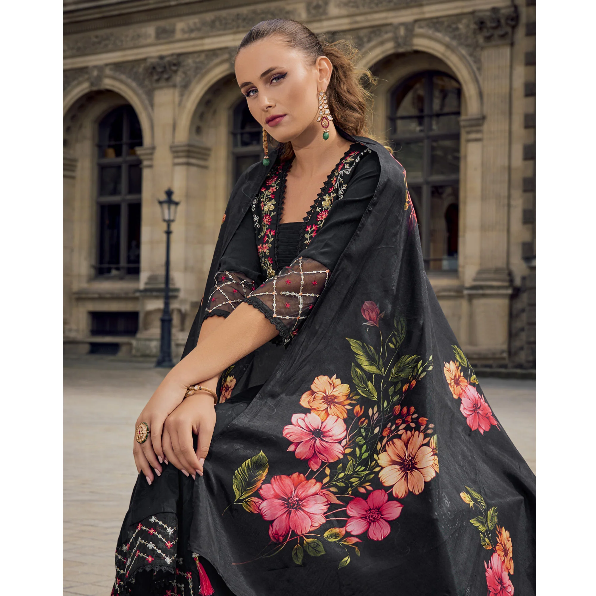 Black Floral Sequins Embroidery With Handwork Viscose Salwar Suit - Image 6