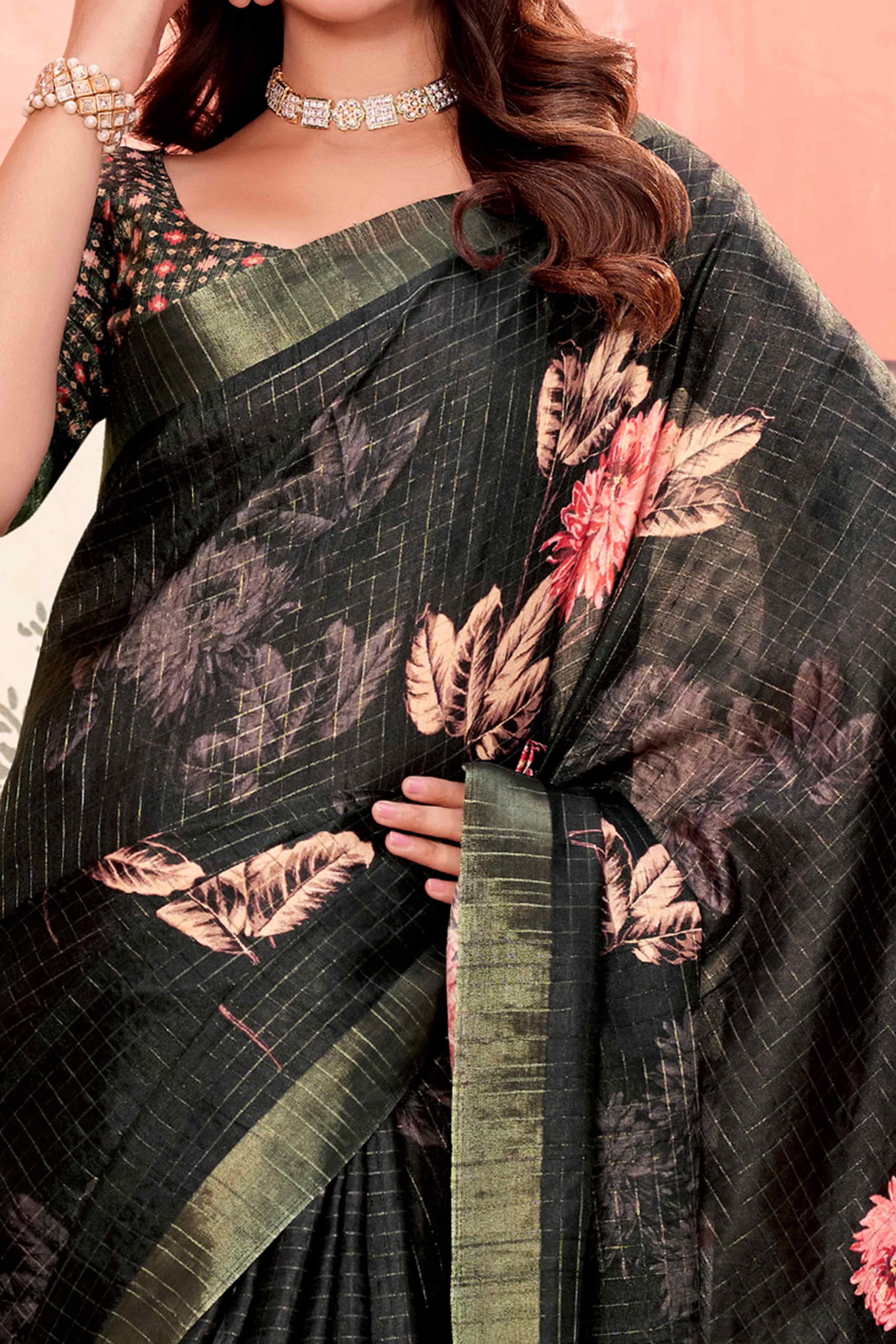 Black Floral Soft Silk Blend Saree with Digital Prints - Image 2