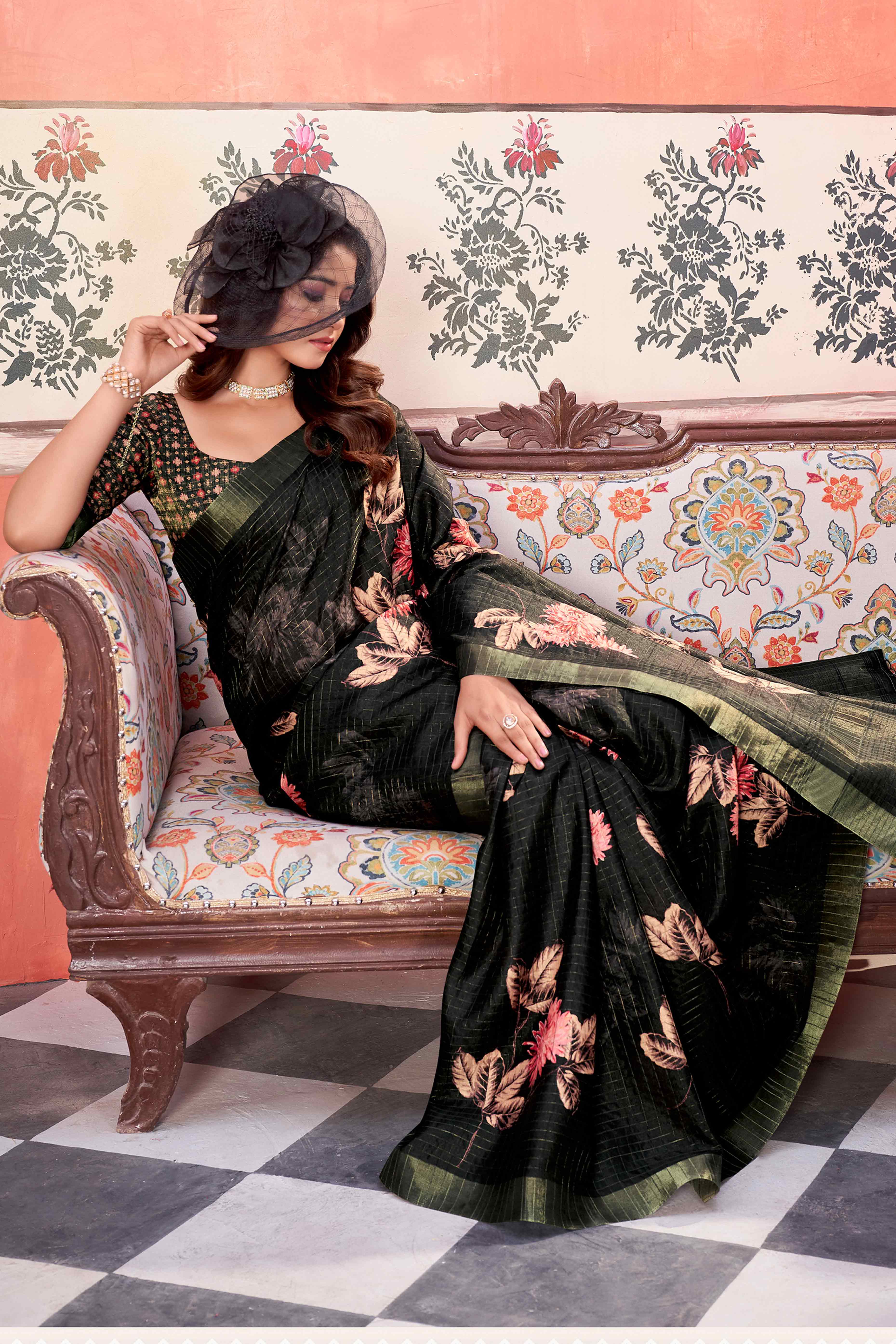 Black Floral Soft Silk Blend Saree with Digital Prints - Image 3