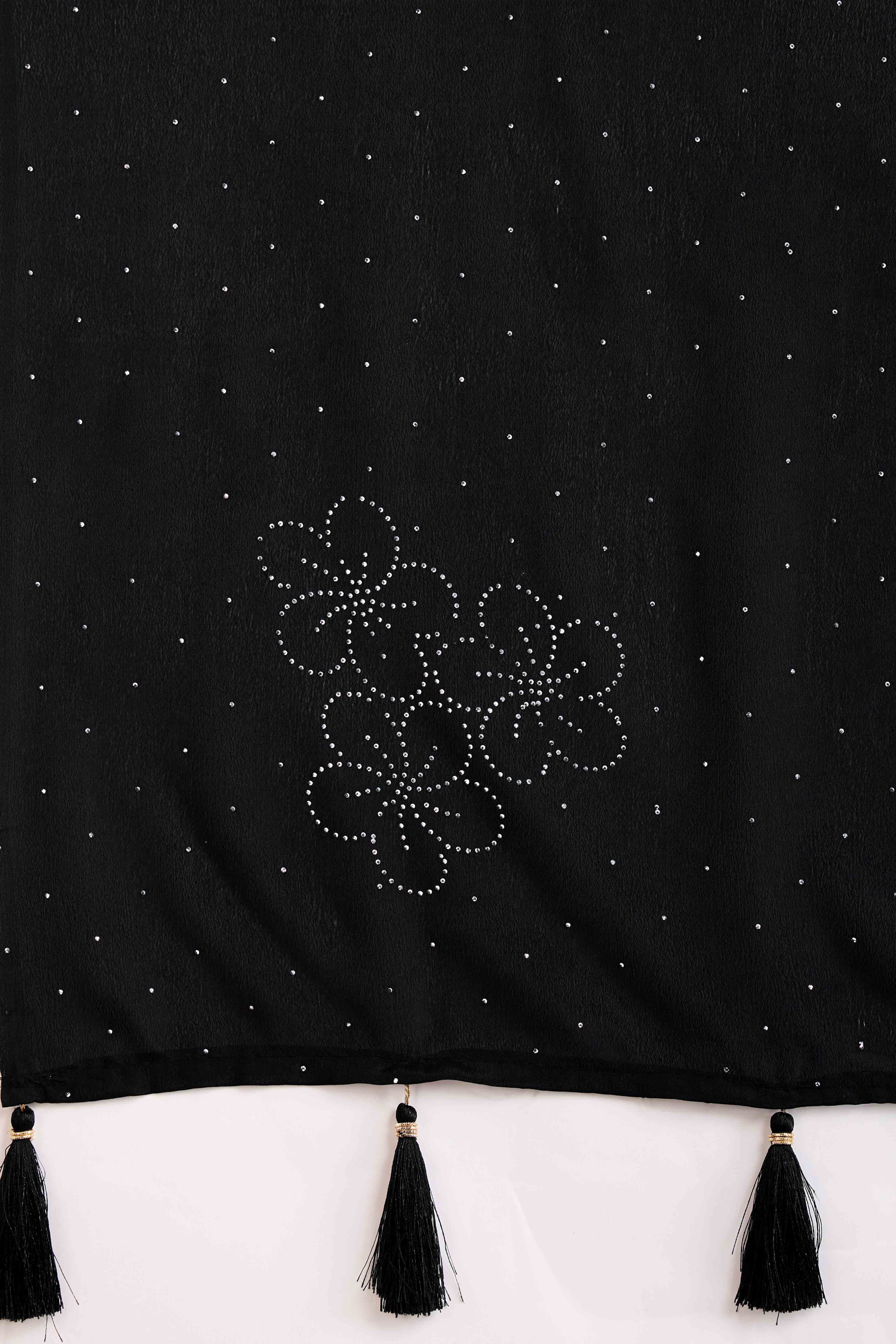 Black Floral Swarovski Work Rangoli Art Silk Ready To Wear Saree - Image 9