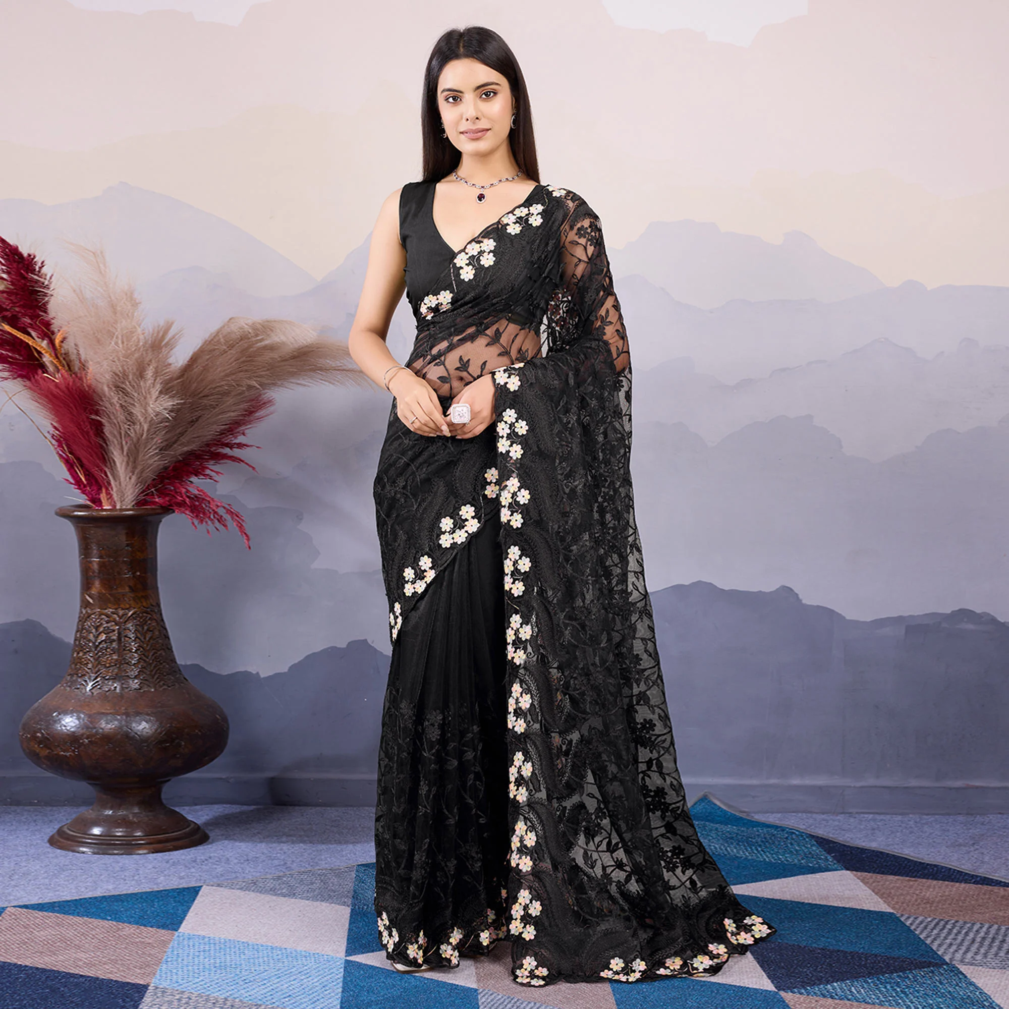 Black Floral Thread Embroidered Net Saree - Image 2