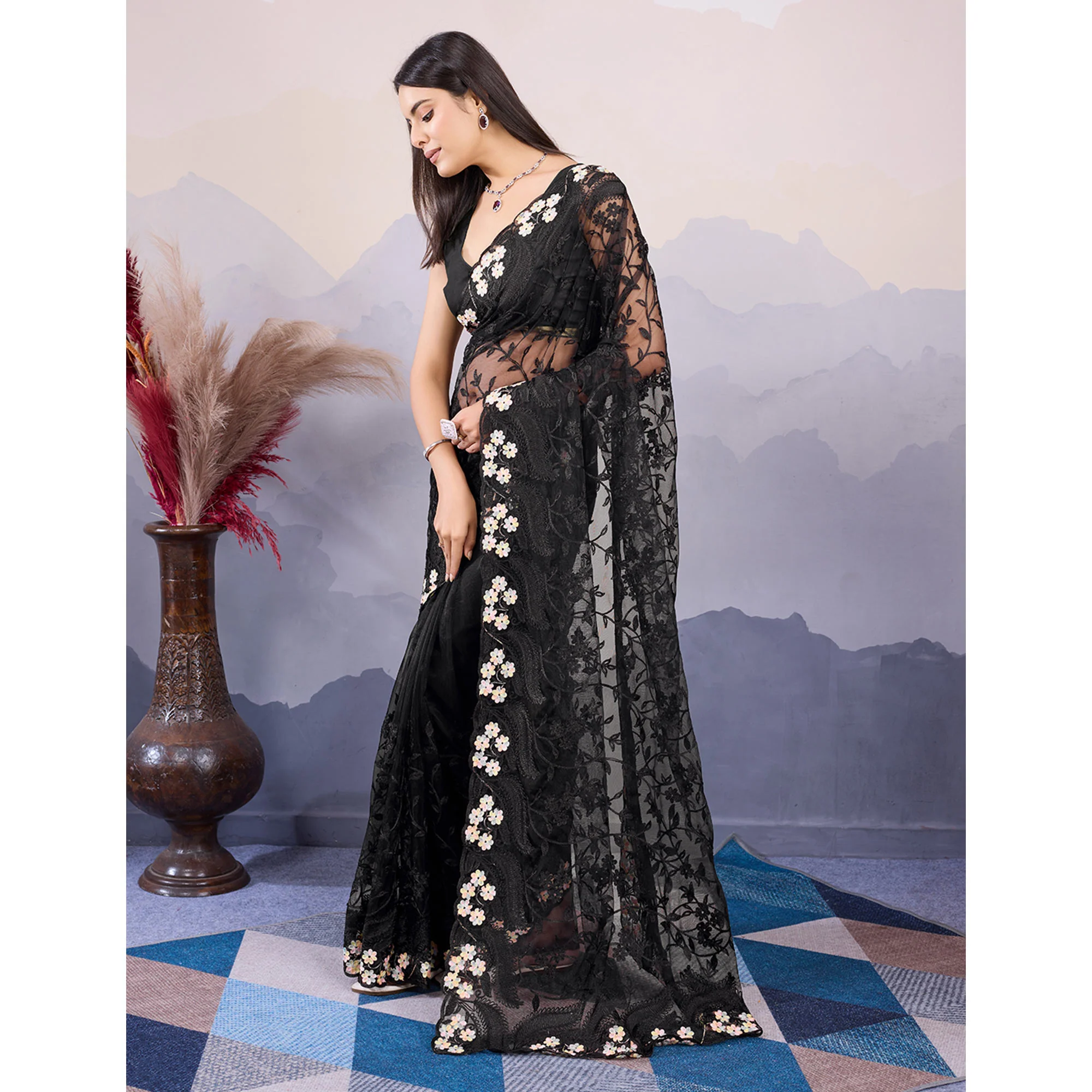 Black Floral Thread Embroidered Net Saree - Image 4
