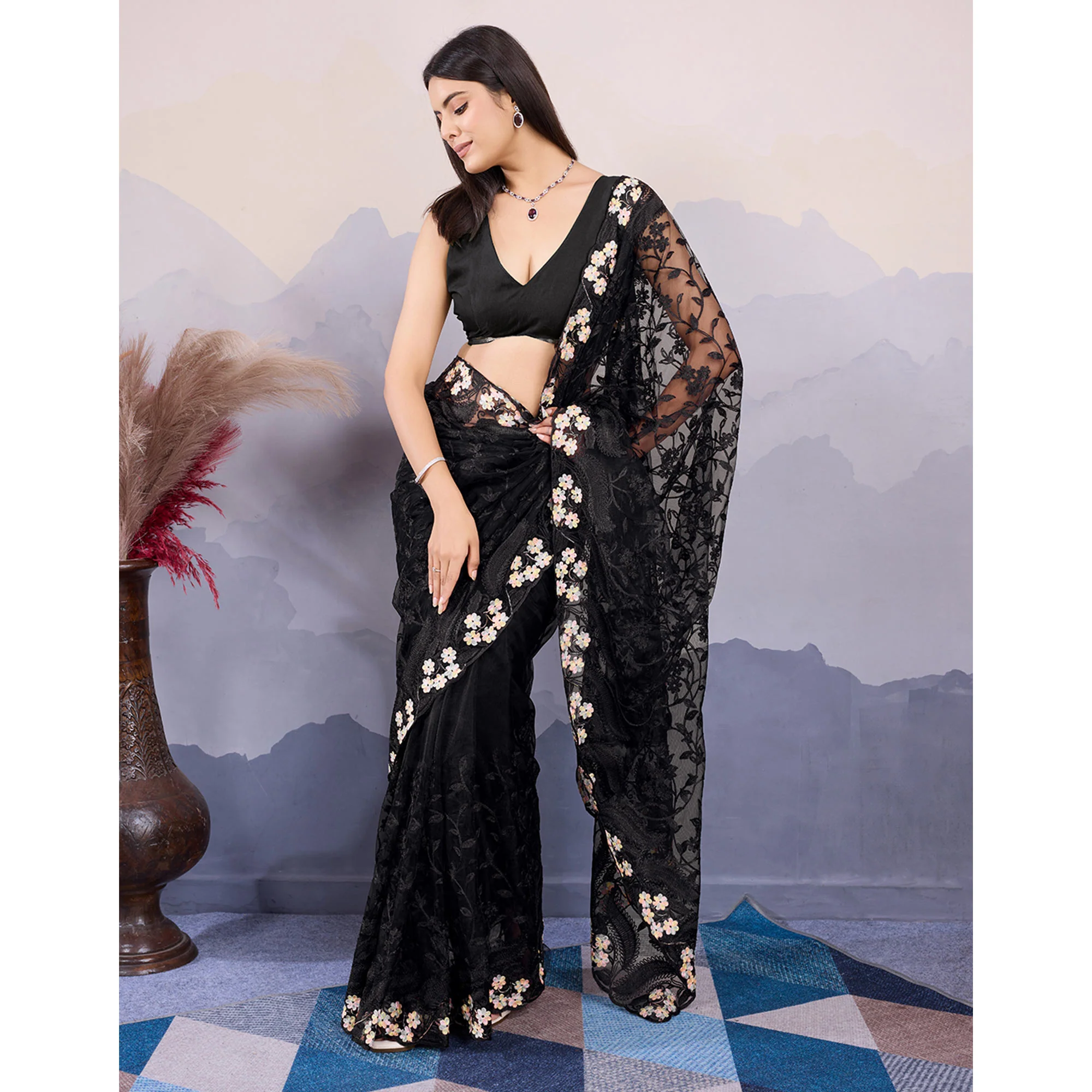 Black Floral Thread Embroidered Net Saree - Image 5