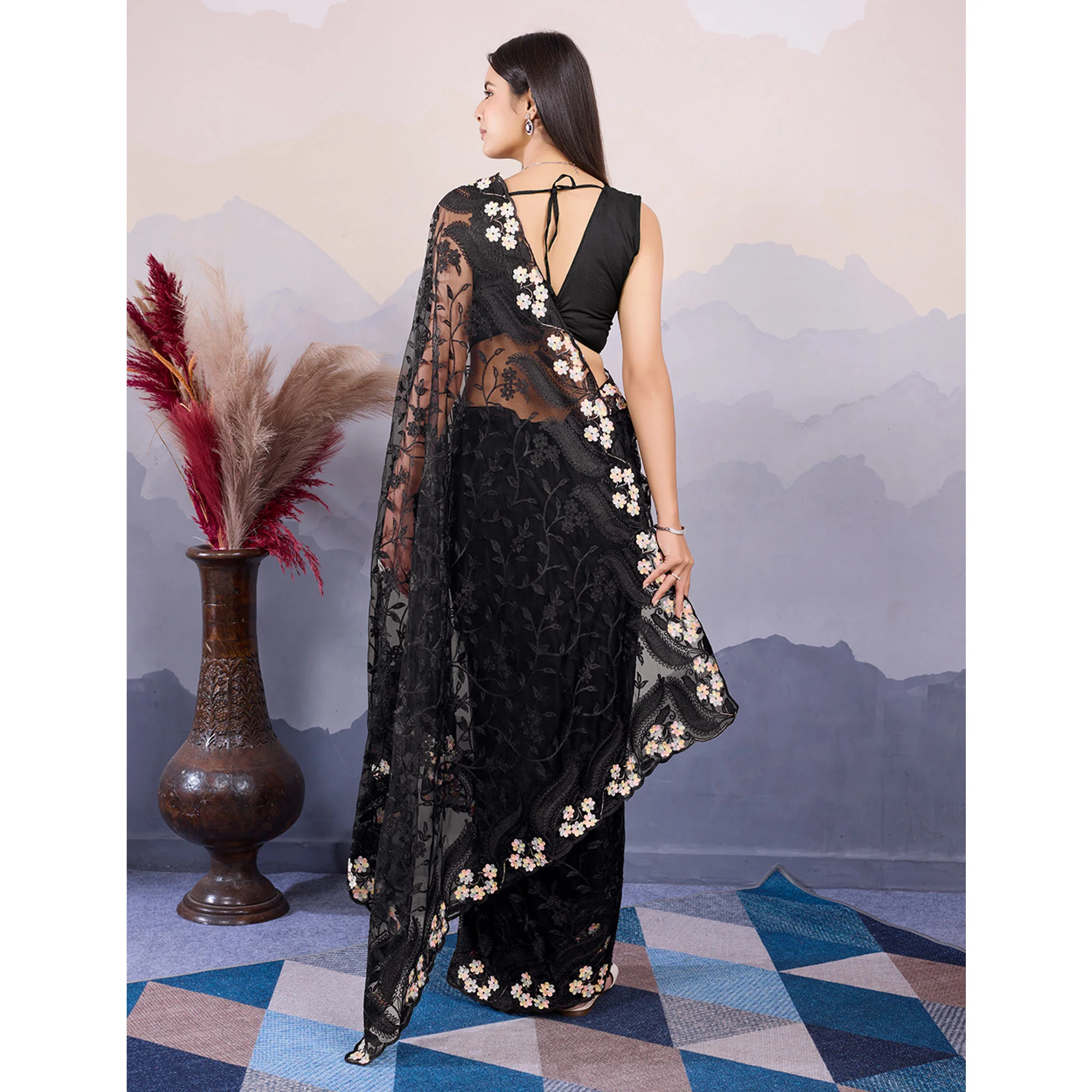 Black Floral Thread Embroidered Net Saree - Image 6
