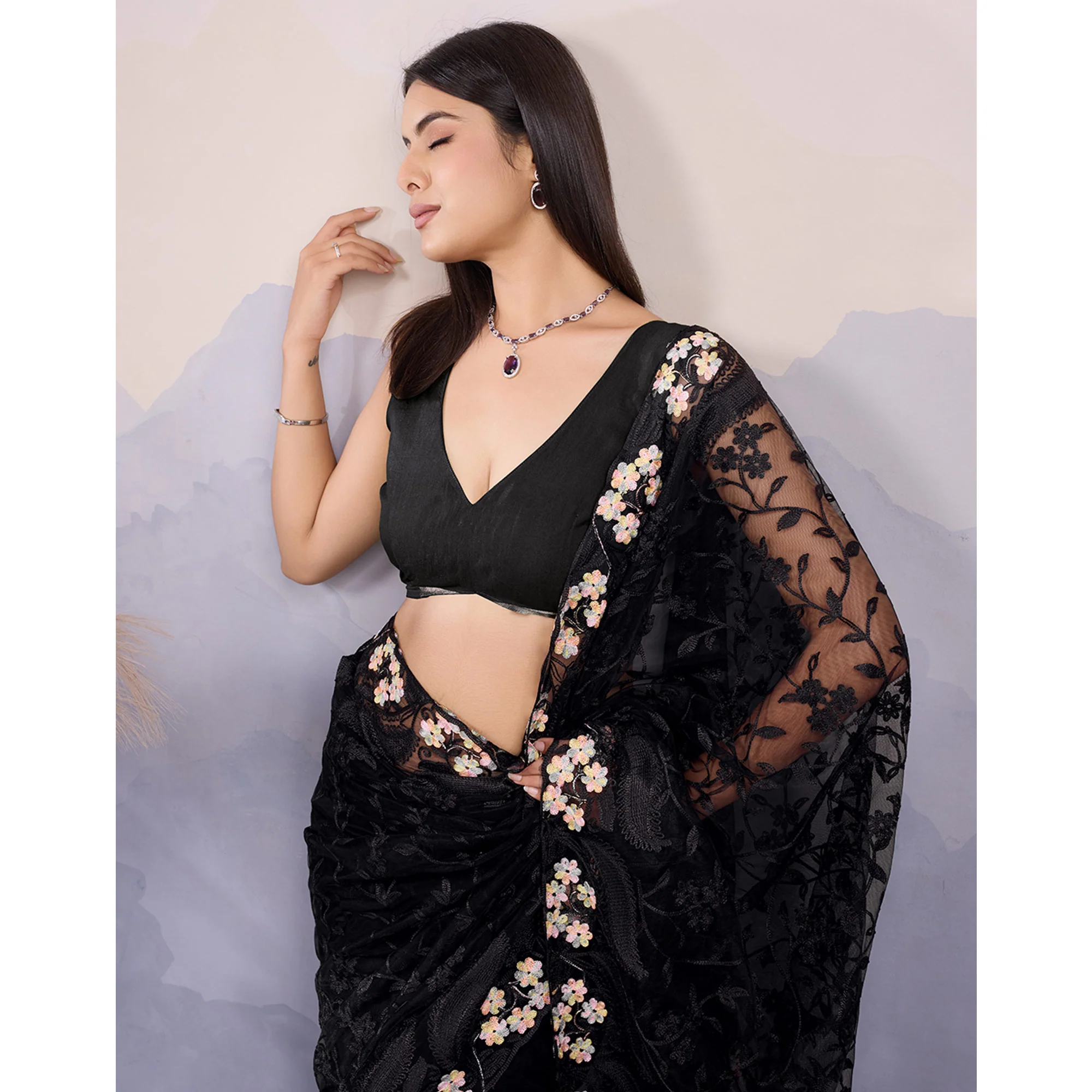 Black Floral Thread Embroidered Net Saree - Image 7
