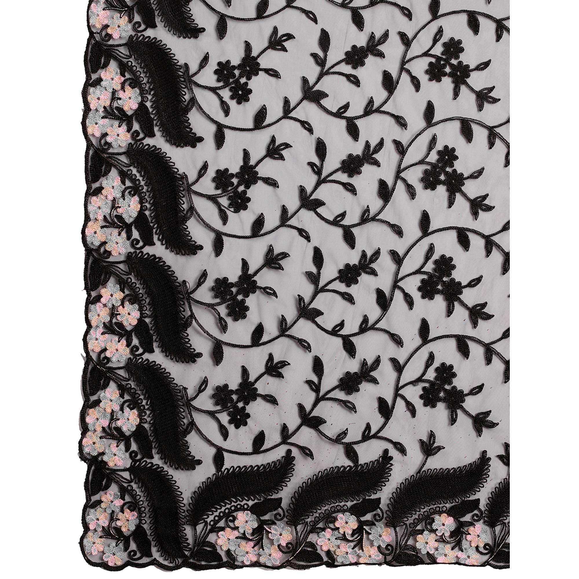 Black Floral Thread Embroidered Net Saree - Image 9