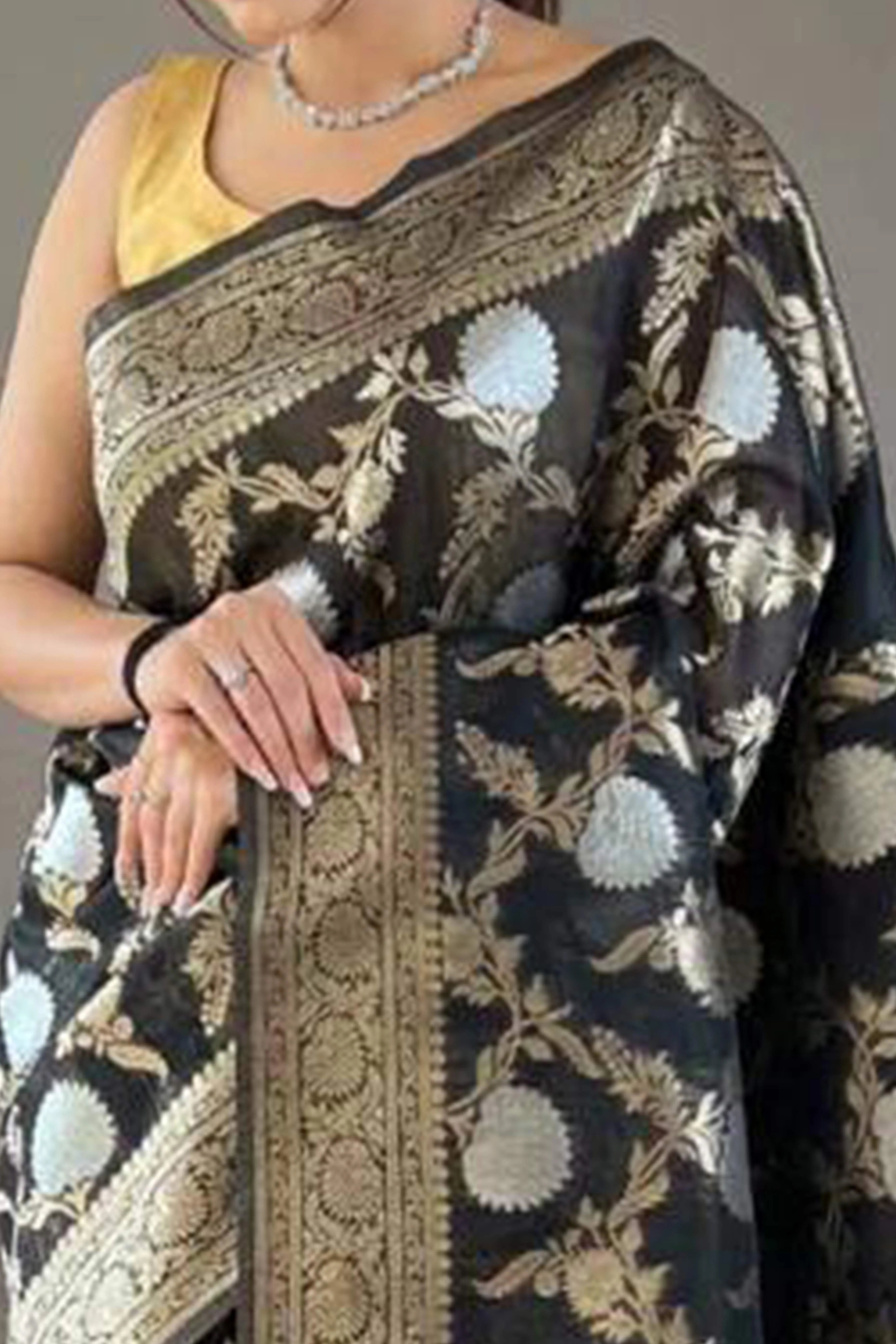 Black Floral Woven Cotton Silk Saree - Image 2