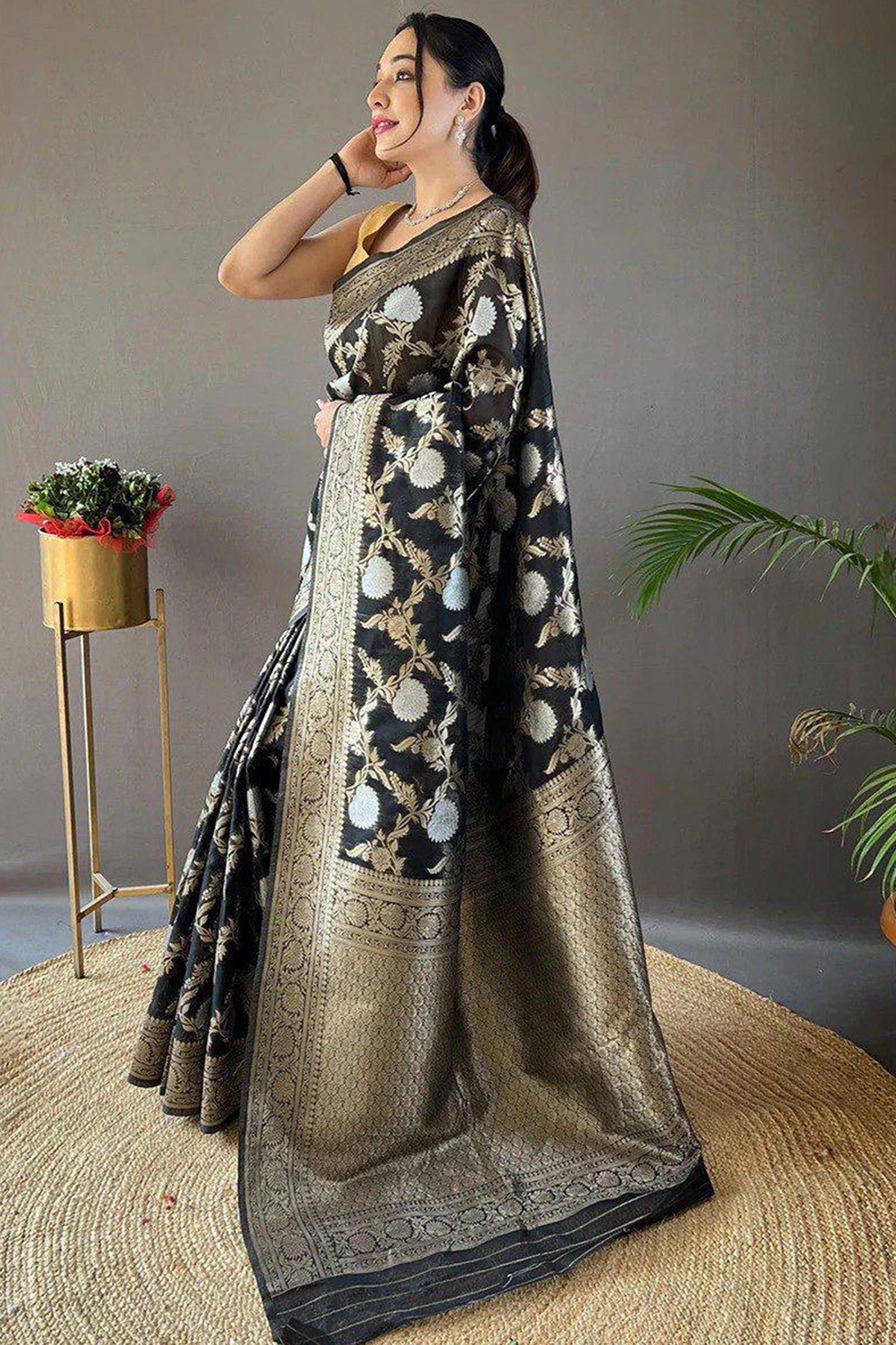 Black Floral Woven Cotton Silk Saree - Image 3