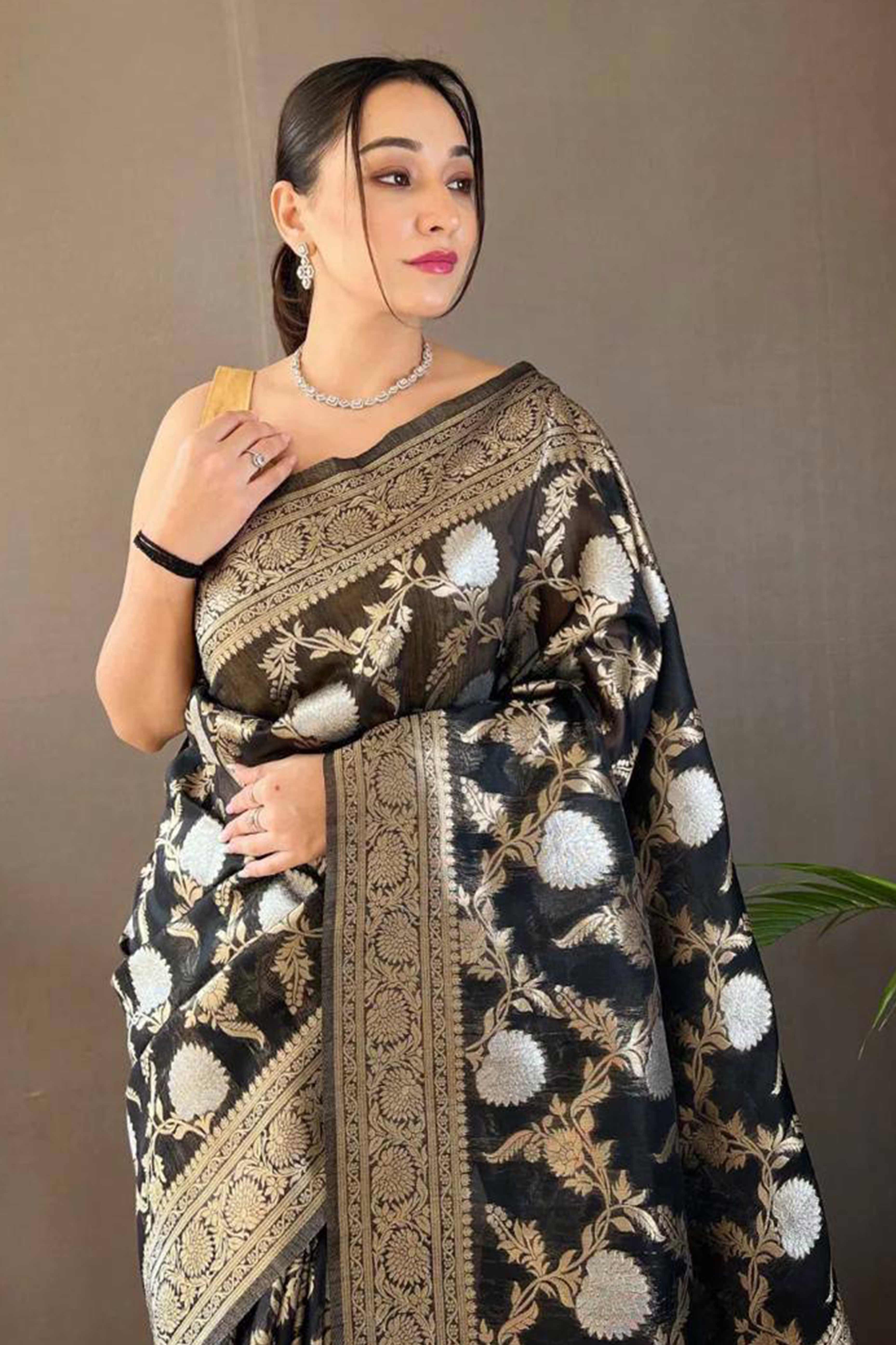 Black Floral Woven Cotton Silk Saree - Image 4