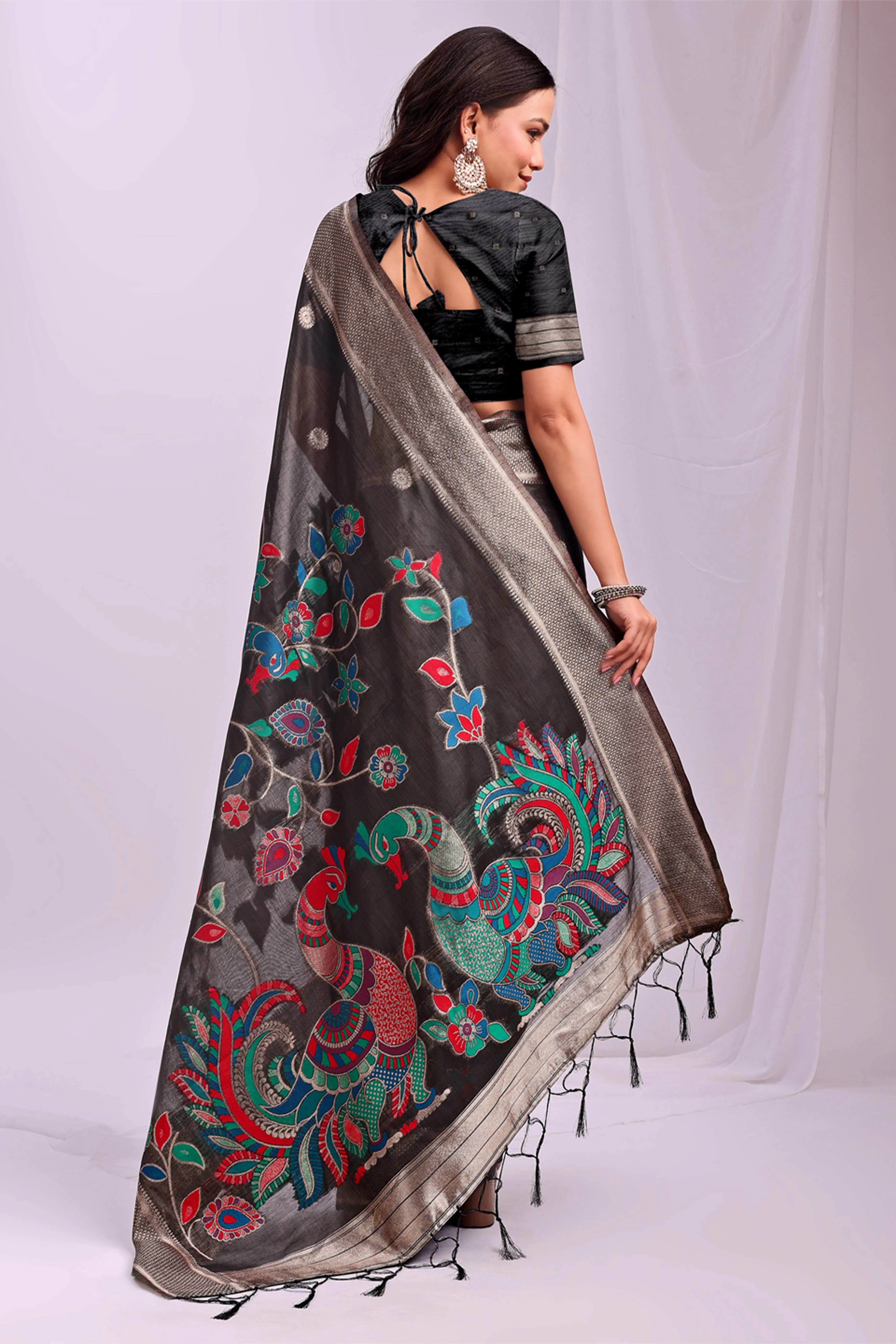 Black Floral Woven Linen Cotton Saree Accented With Peacock Motif Pallu & Zari Border - Image 5