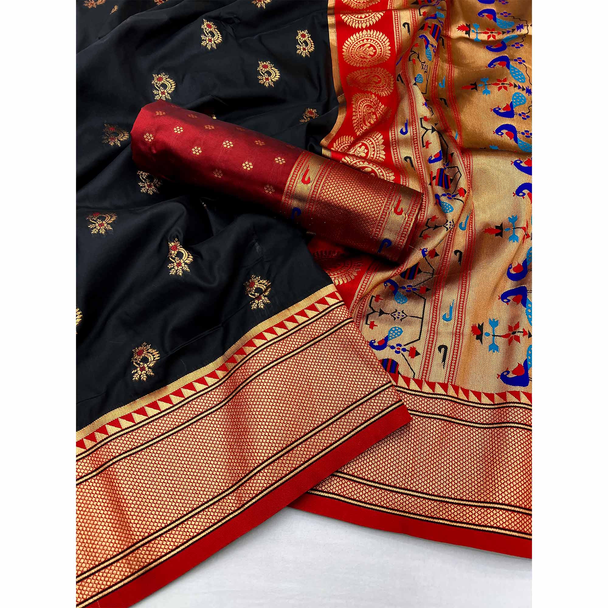 Black Floral Woven Pure Silk Saree - Image 3
