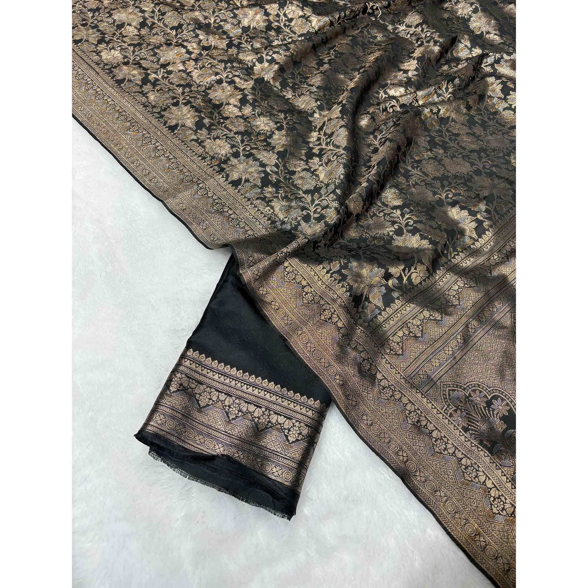 Black Floral Woven Saree in Premium Pure Silk - Image 5
