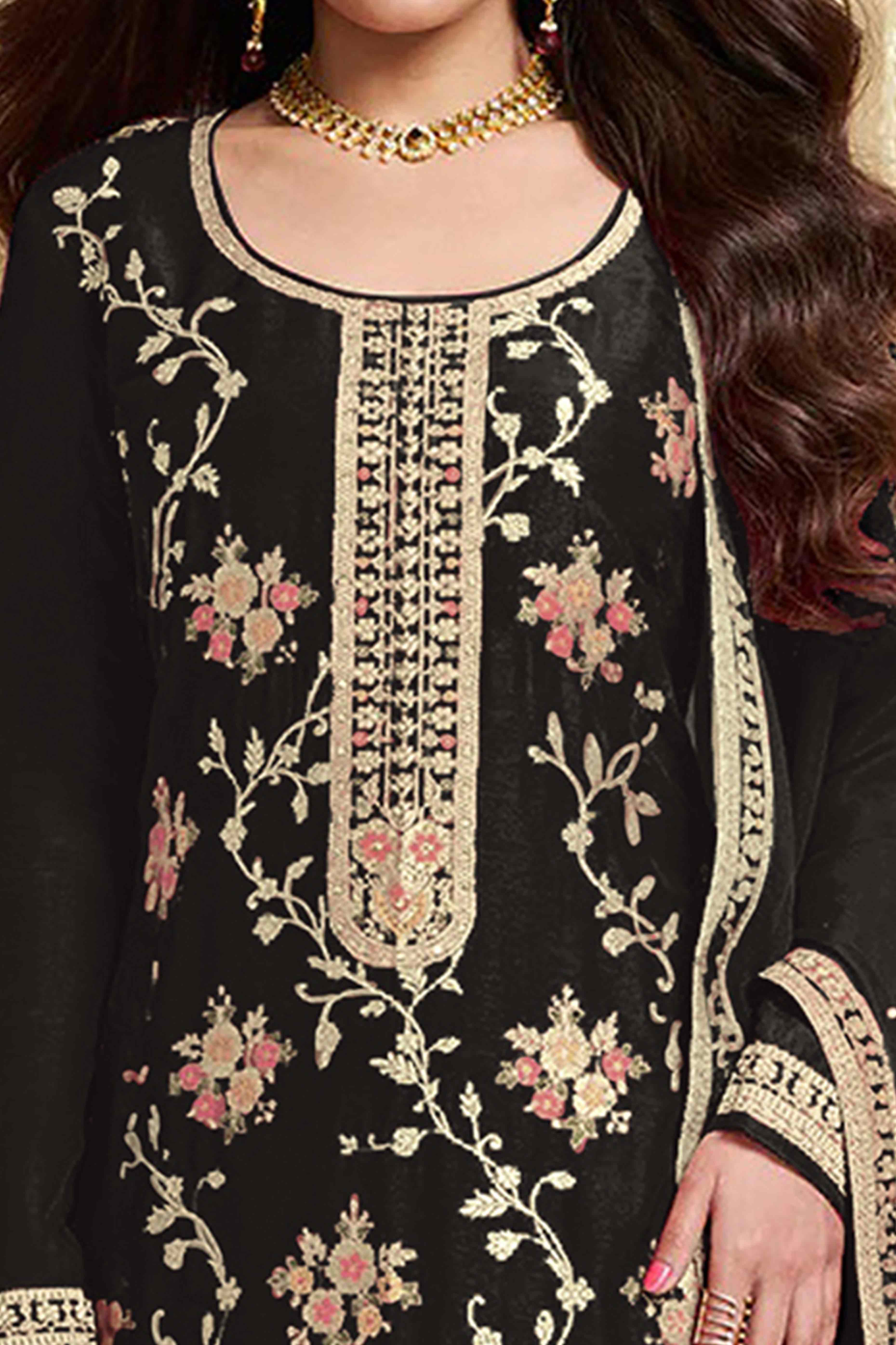 Black Floral Woven With Embroidered Viscose Semi Stitched Suit - Image 2