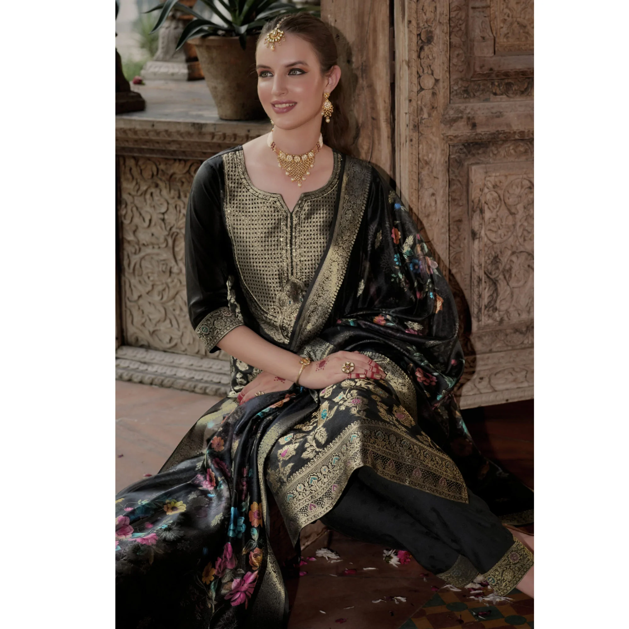 Black Floral Woven With Handwork Organza Salwar Suit - Image 5