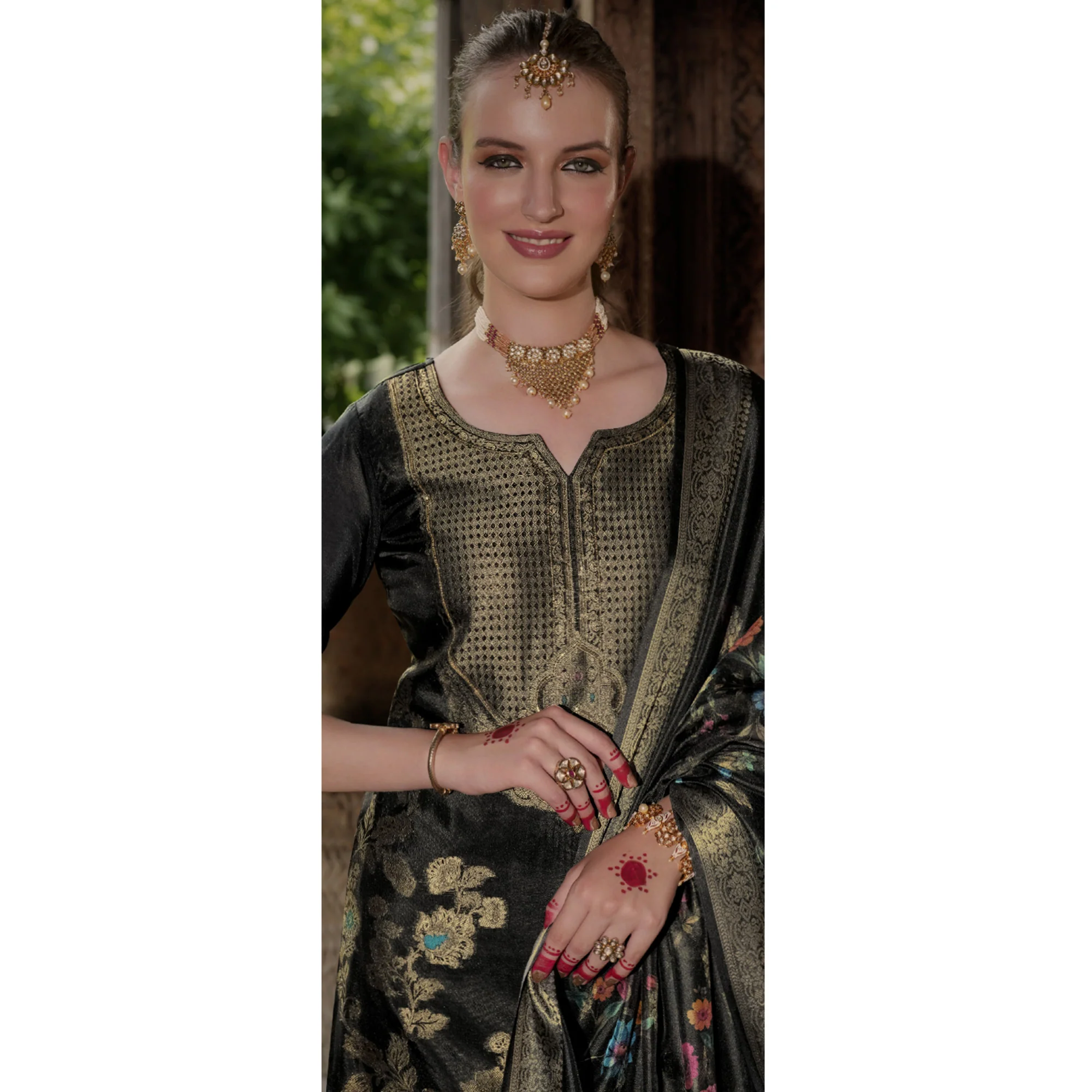 Black Floral Woven With Handwork Organza Salwar Suit - Image 6