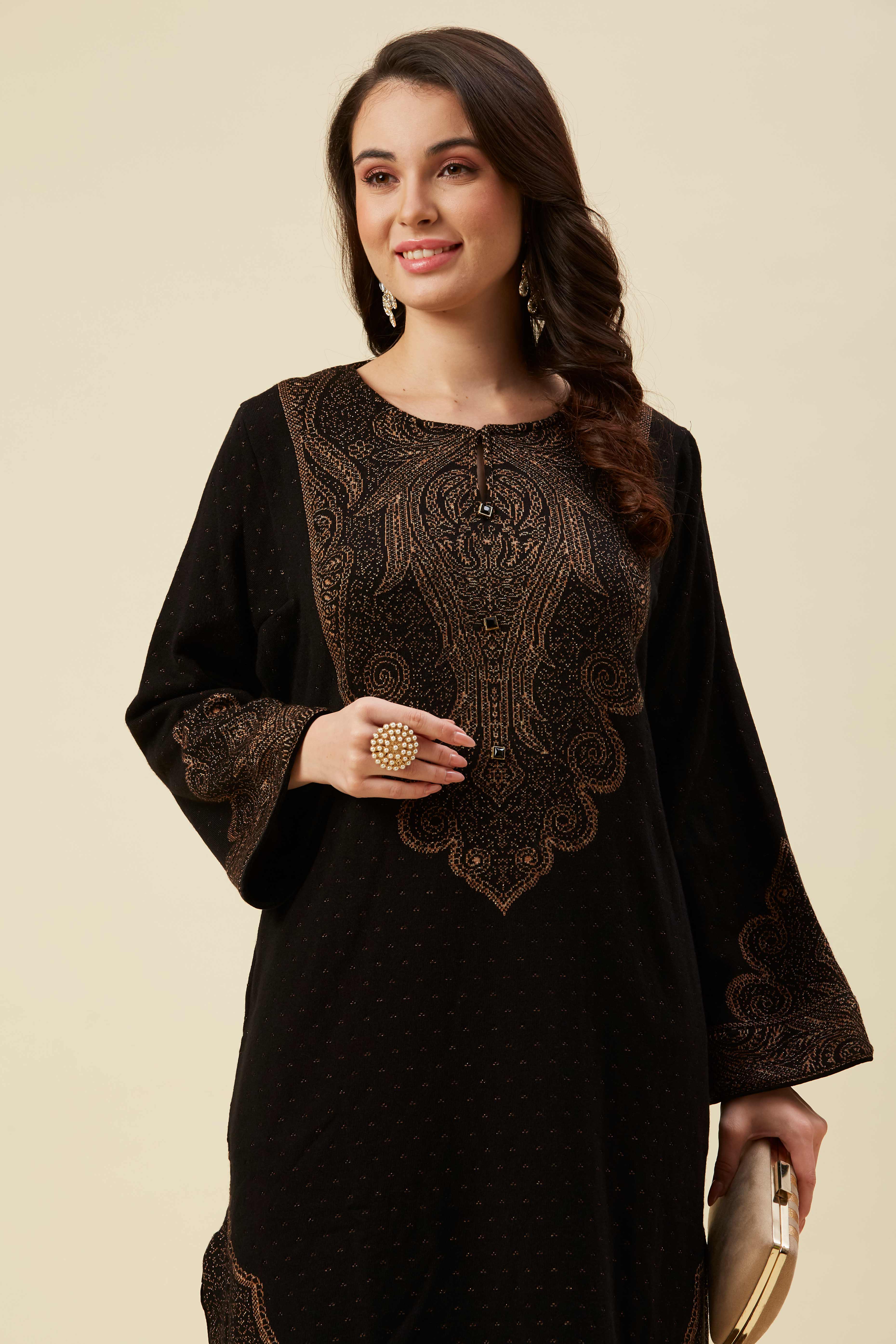 Black Floral Woven Woolen Straight Kurti - Image 9
