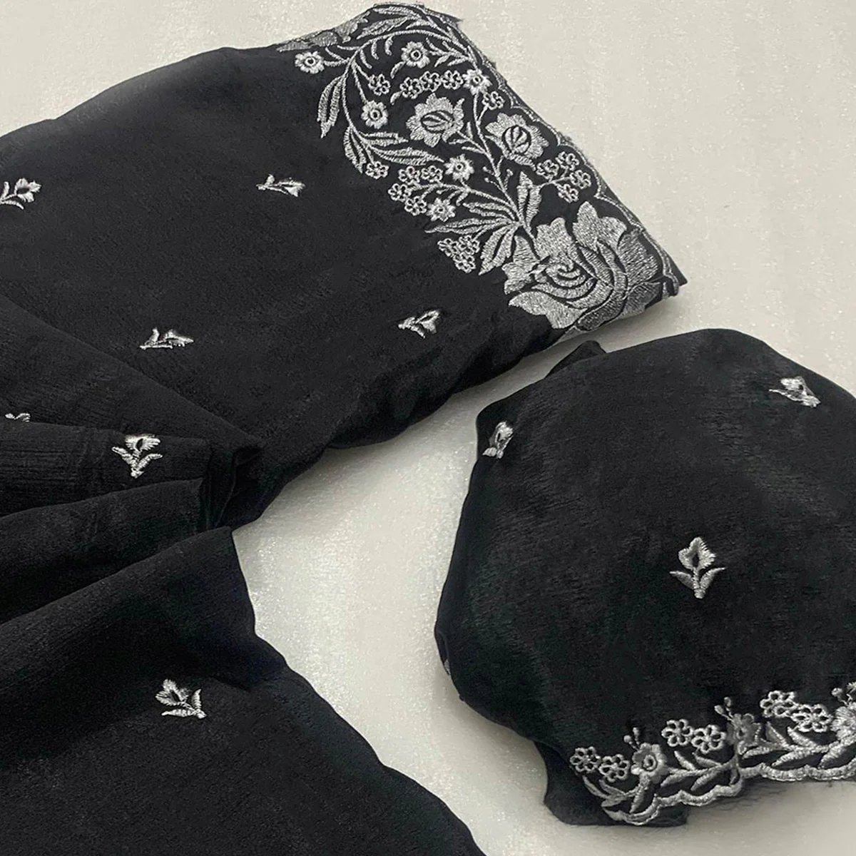 Black Floral Zari Embroidered Chinon Silk Saree - Image 2