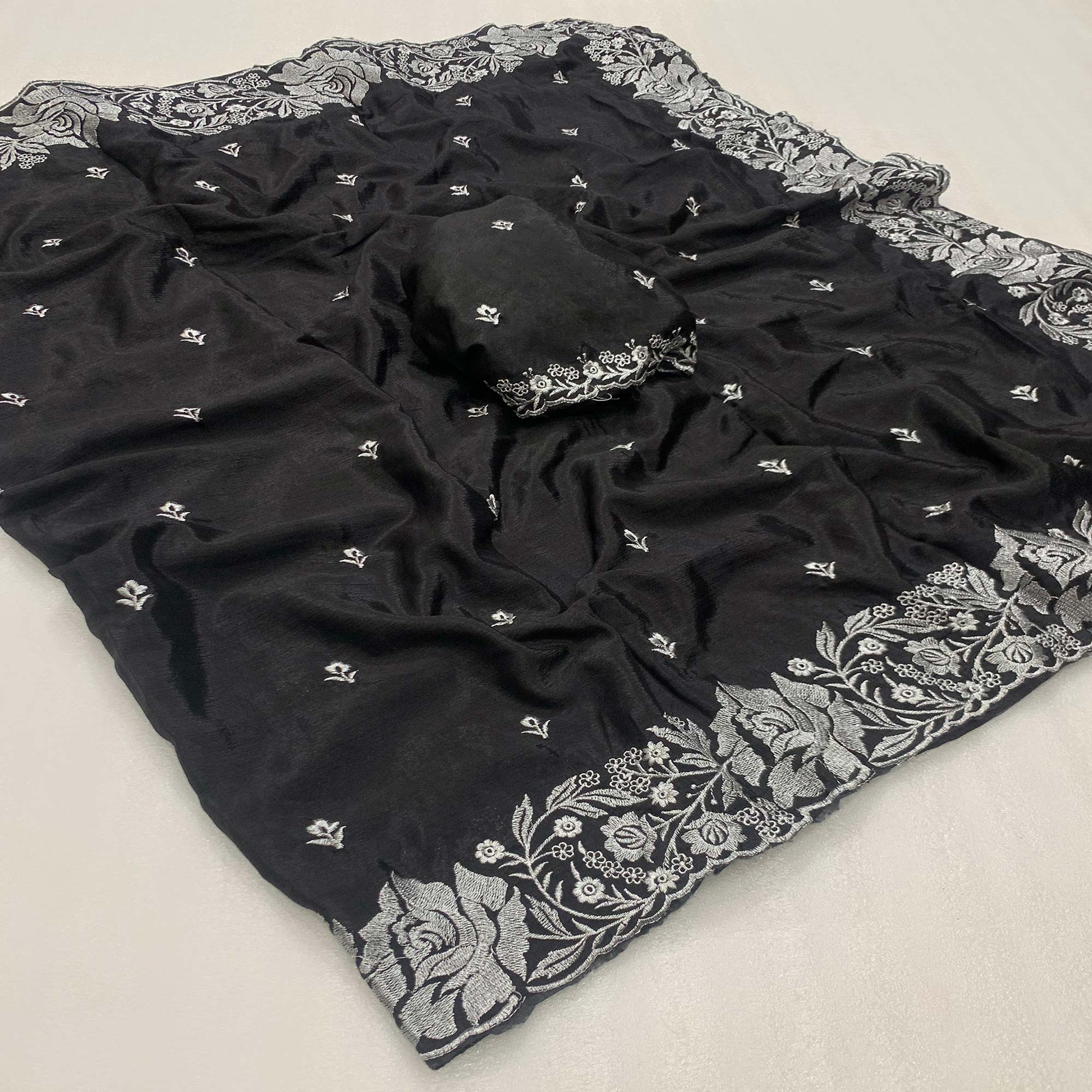 Black Floral Zari Embroidered Chinon Silk Saree - Image 3