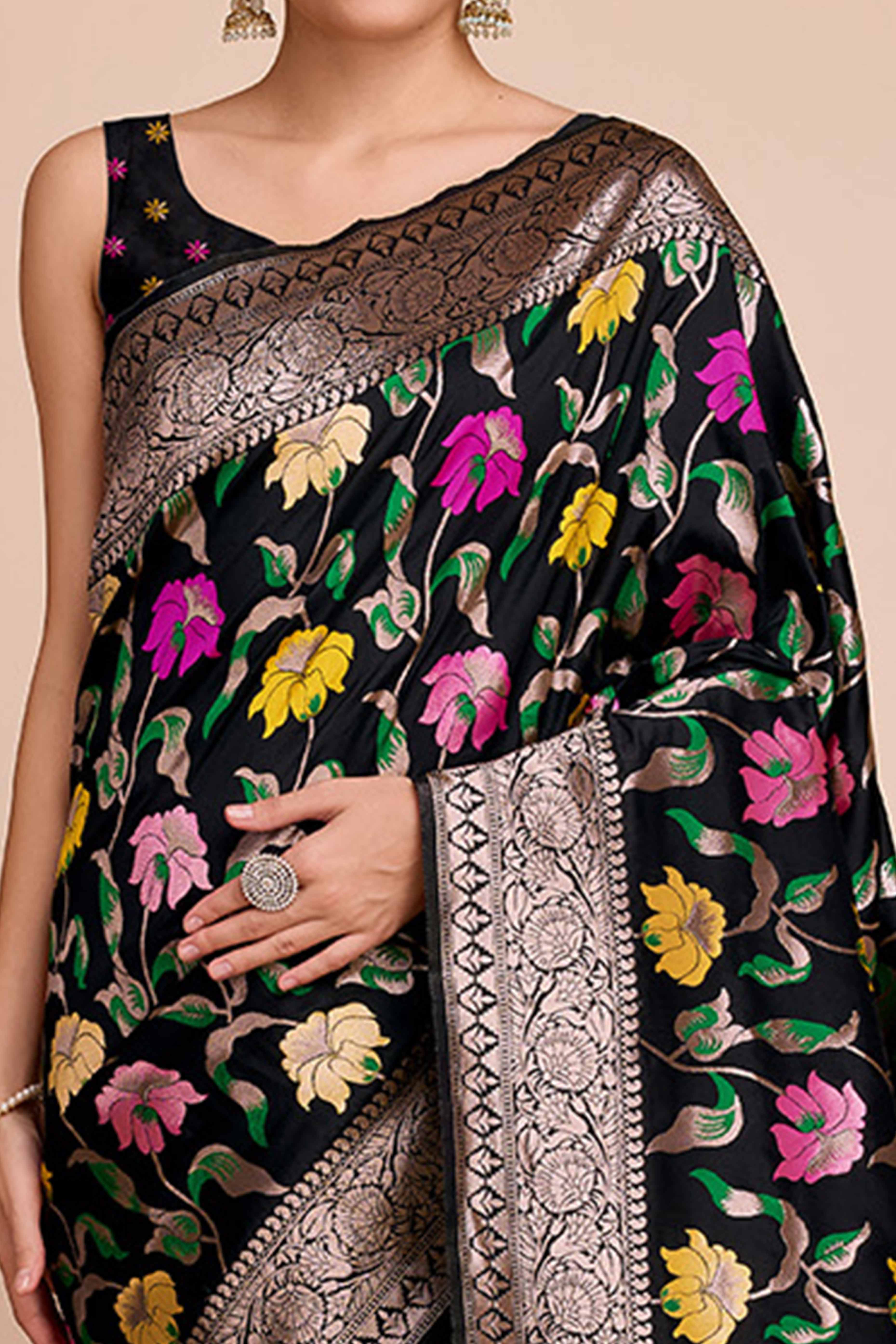 Black Floral Zari Weaving Pure Silk Paithani Saree - Image 2