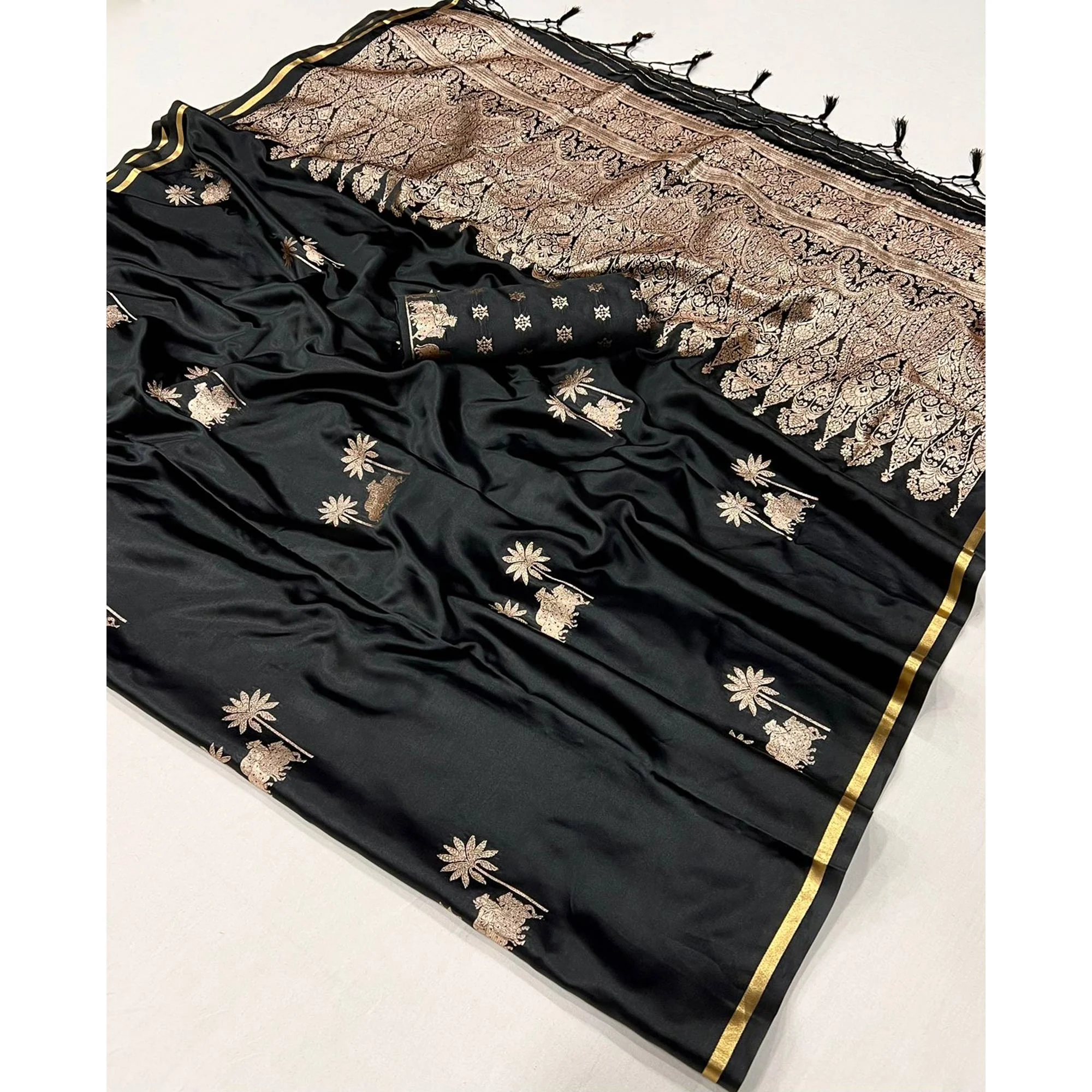 Black Floral Zari Weaving Satin Saree - Image 4