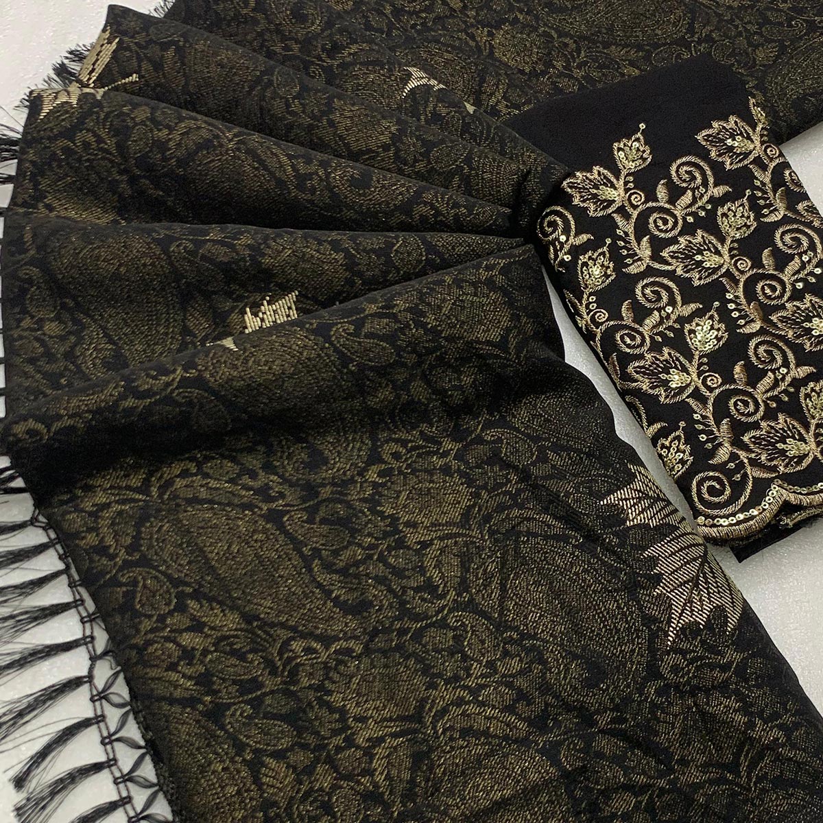 Black Foil Printed Georgette Saree With With Tassels - Image 2
