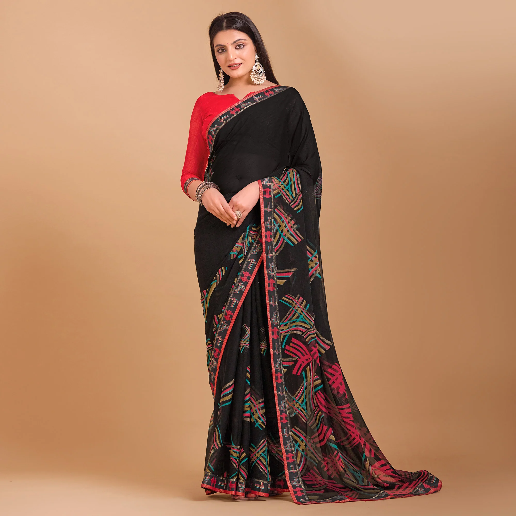 Black Geometric Printed Chiffon Saree - Image 2