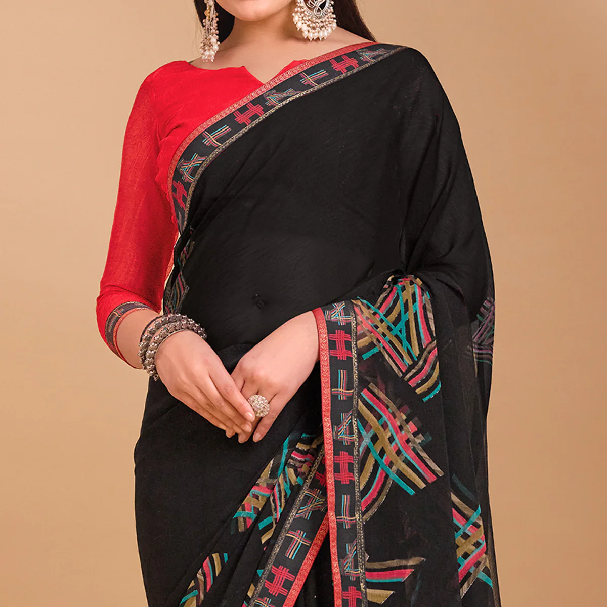 Black Geometric Printed Chiffon Saree - Image 3