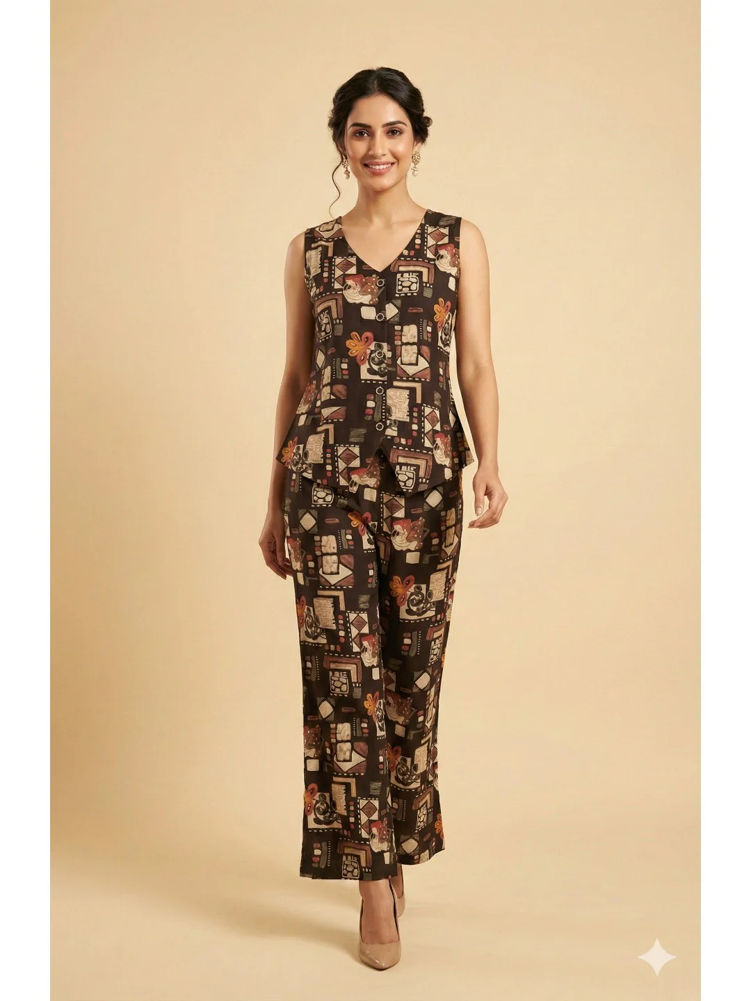 Black Geometric Printed Rayon Co-Ord Set in Soft Rayon for Effortless Style