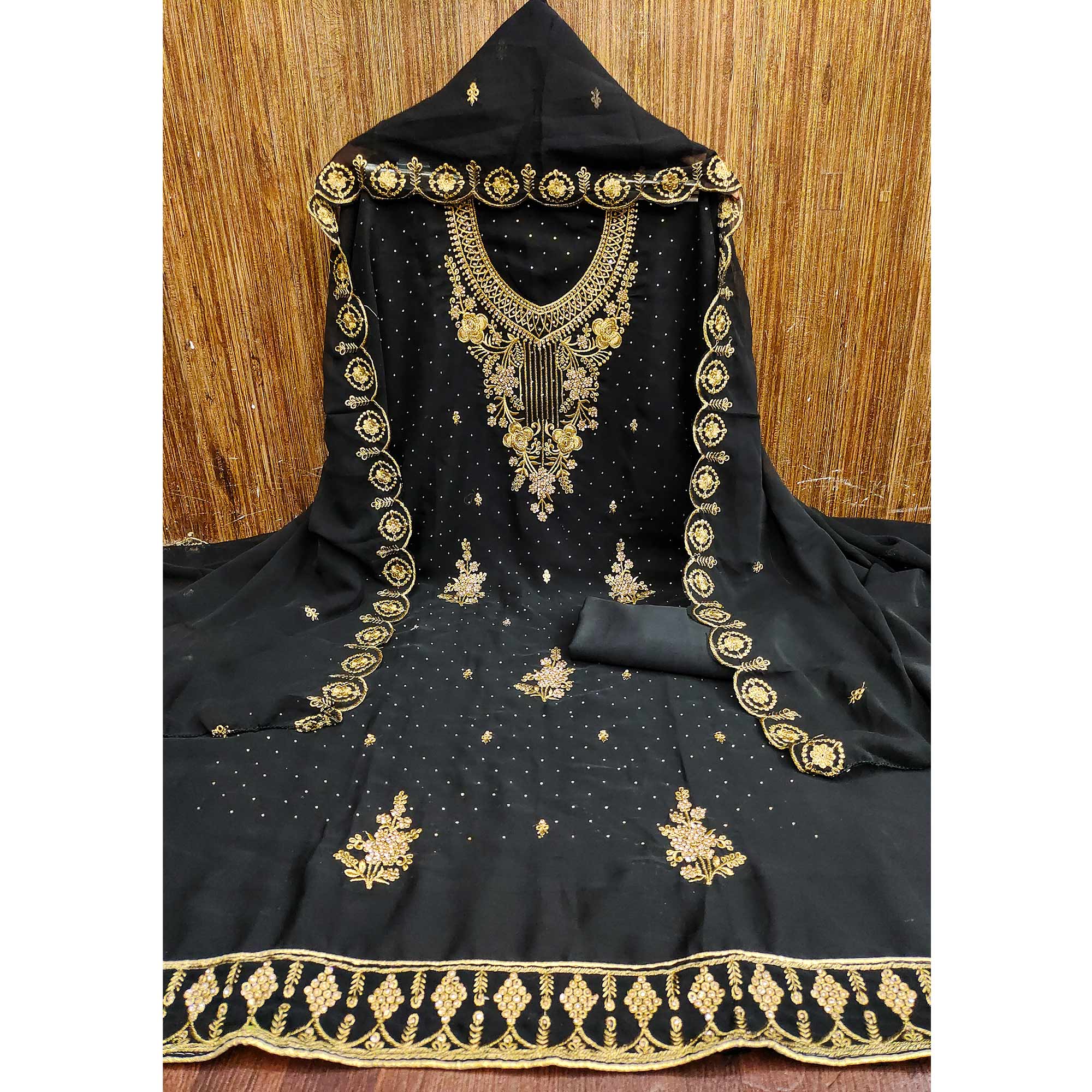 Black Georgette Dress Material Accented With Delicate Floral Embroidery - Image 3
