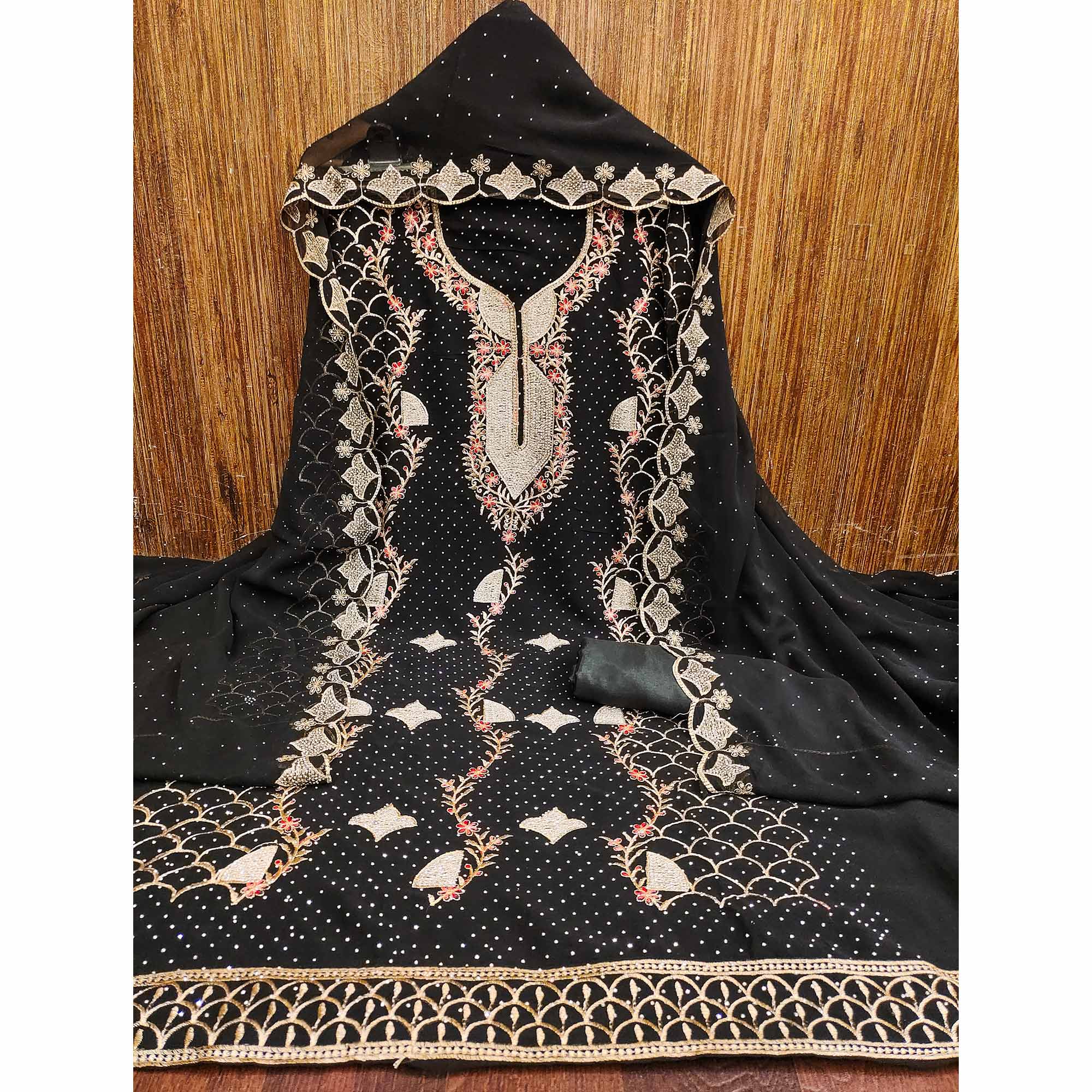 Black Georgette Dress Material With Exquisite Floral Embroidery And Stonework - Image 3