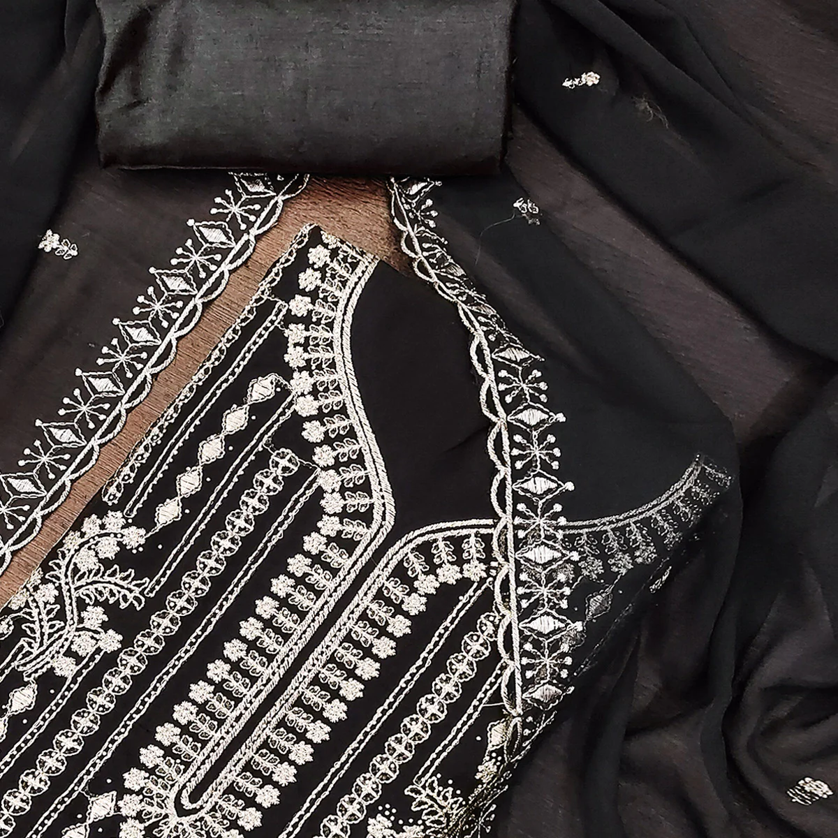 Black Georgette Dress Material with Opulent Threadwork - Image 2