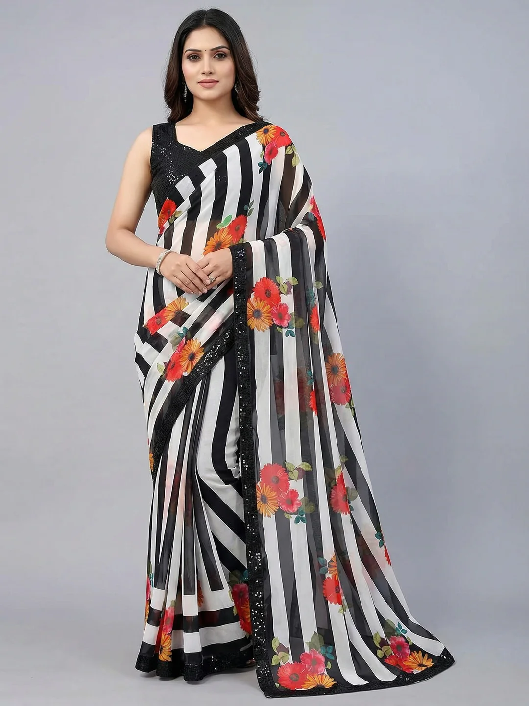 Black Georgette Saree Adorned with Striped Pattern and a Refined Sequin Border