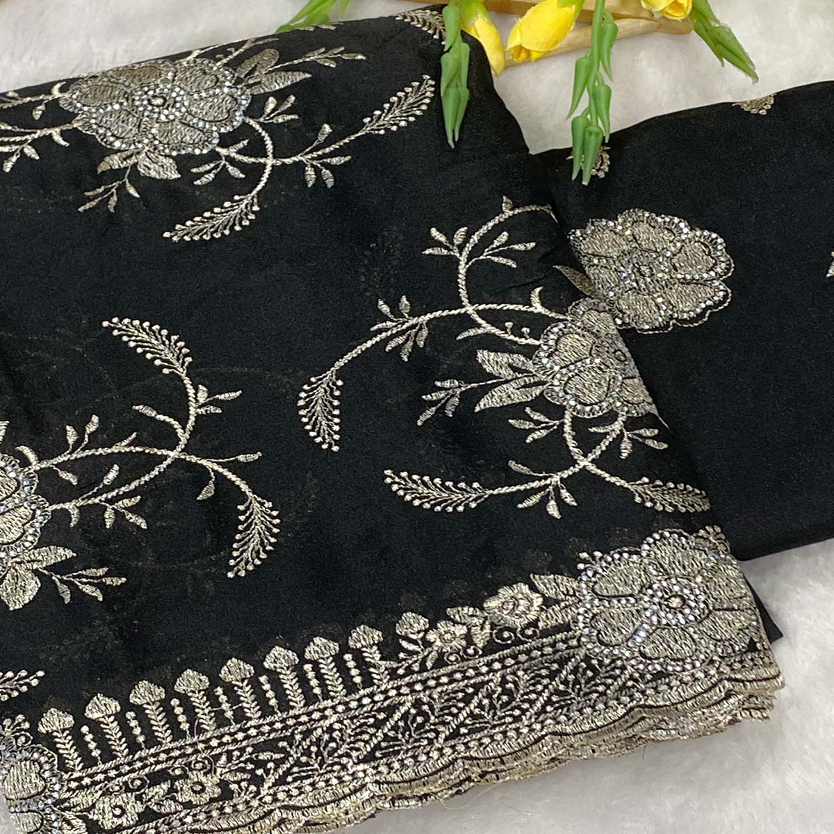 Black Georgette Saree Exquisite Star Embroidery Party Ready Ethnic - Image 2