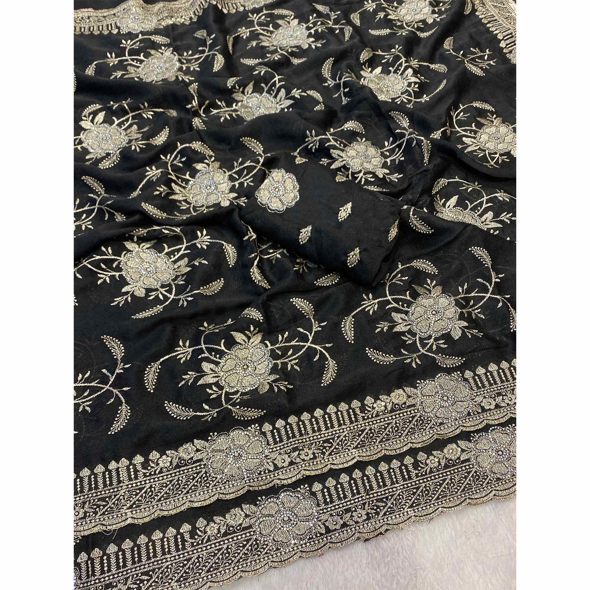 Black Georgette Saree Exquisite Star Embroidery Party Ready Ethnic - Image 5