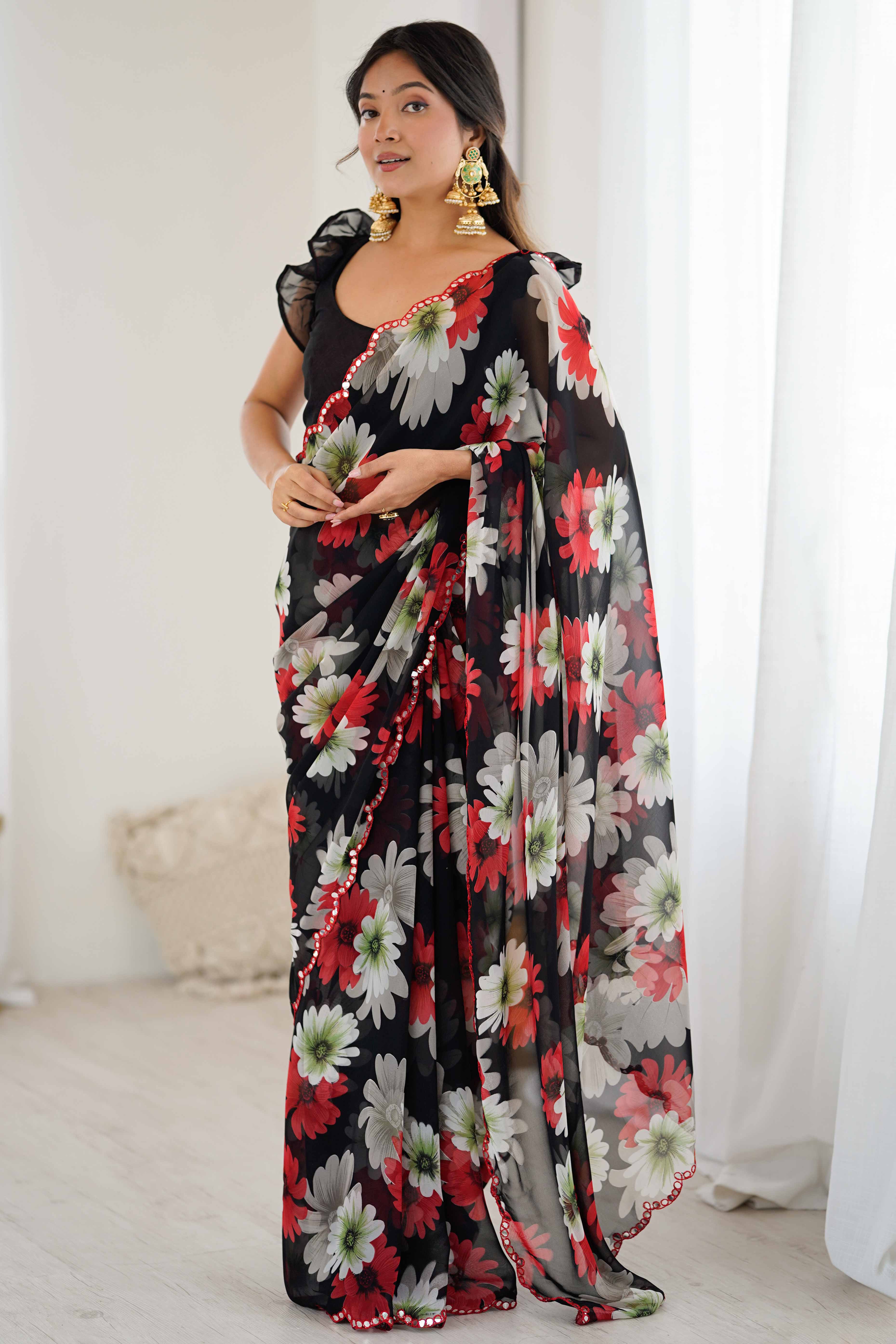 Black Georgette Saree Featuring Floral Prints & Shimmering Mirror Work Border - Image 3