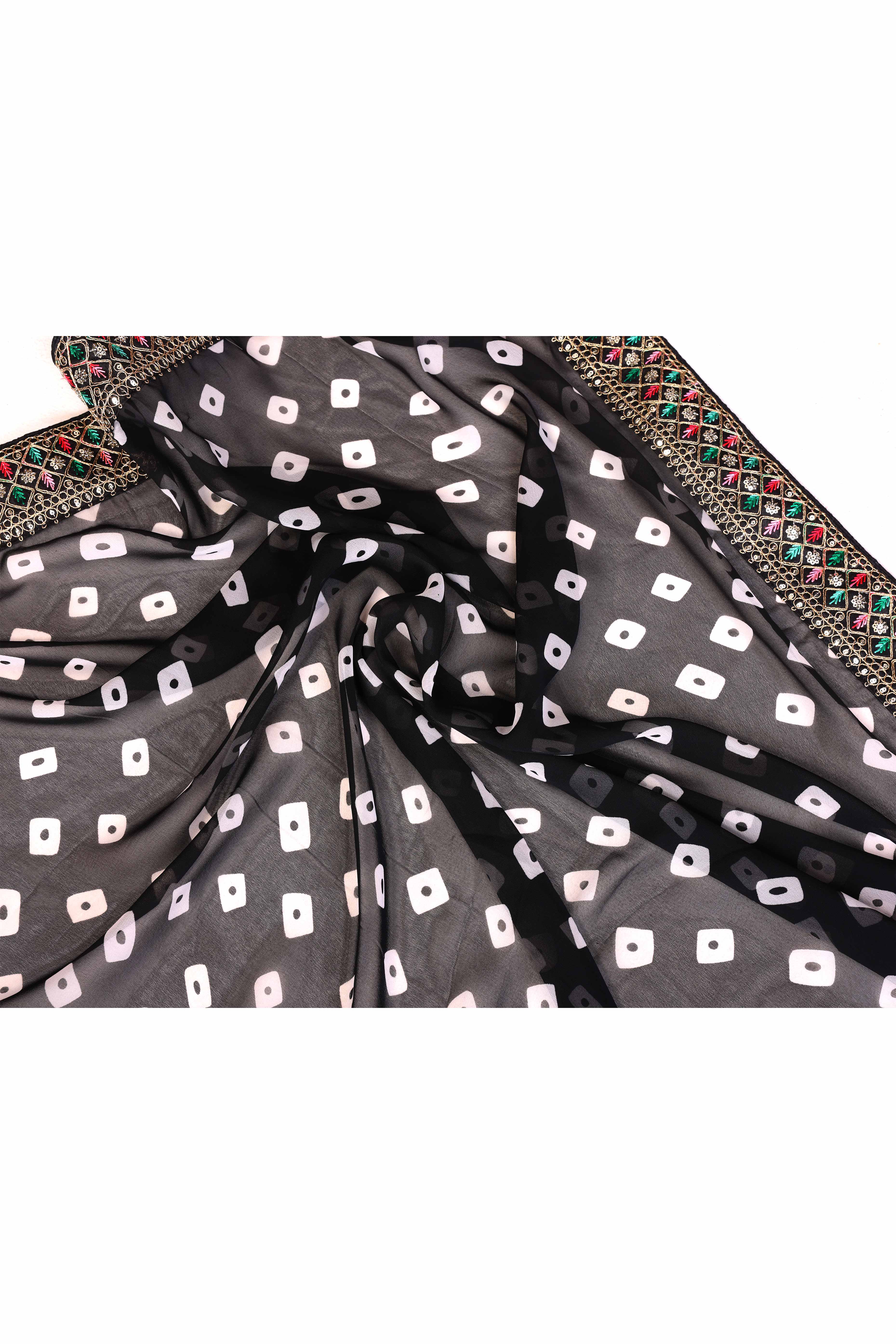Black Georgette Saree With Bandhani Print & Exquisite Cording Embroidery Border - Image 7