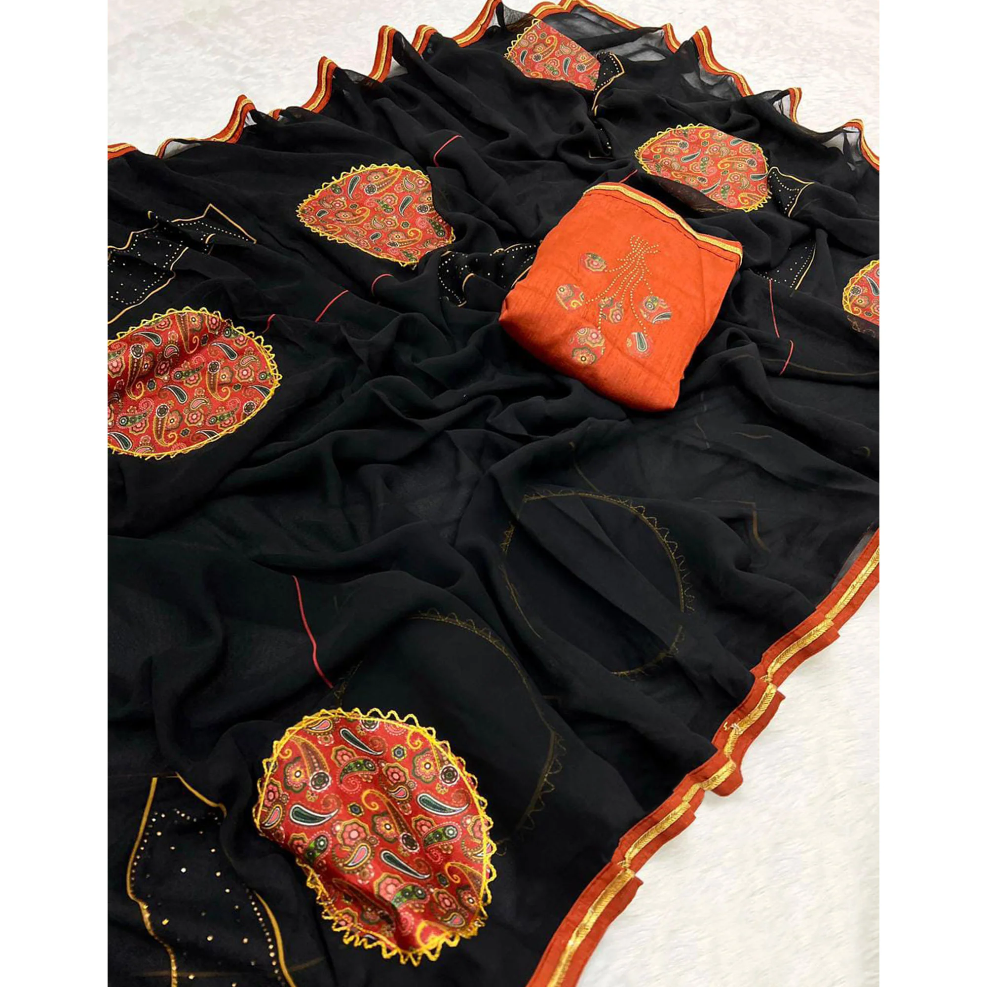 Black Georgette Saree with Paisley Patchwork Detailing - Image 3