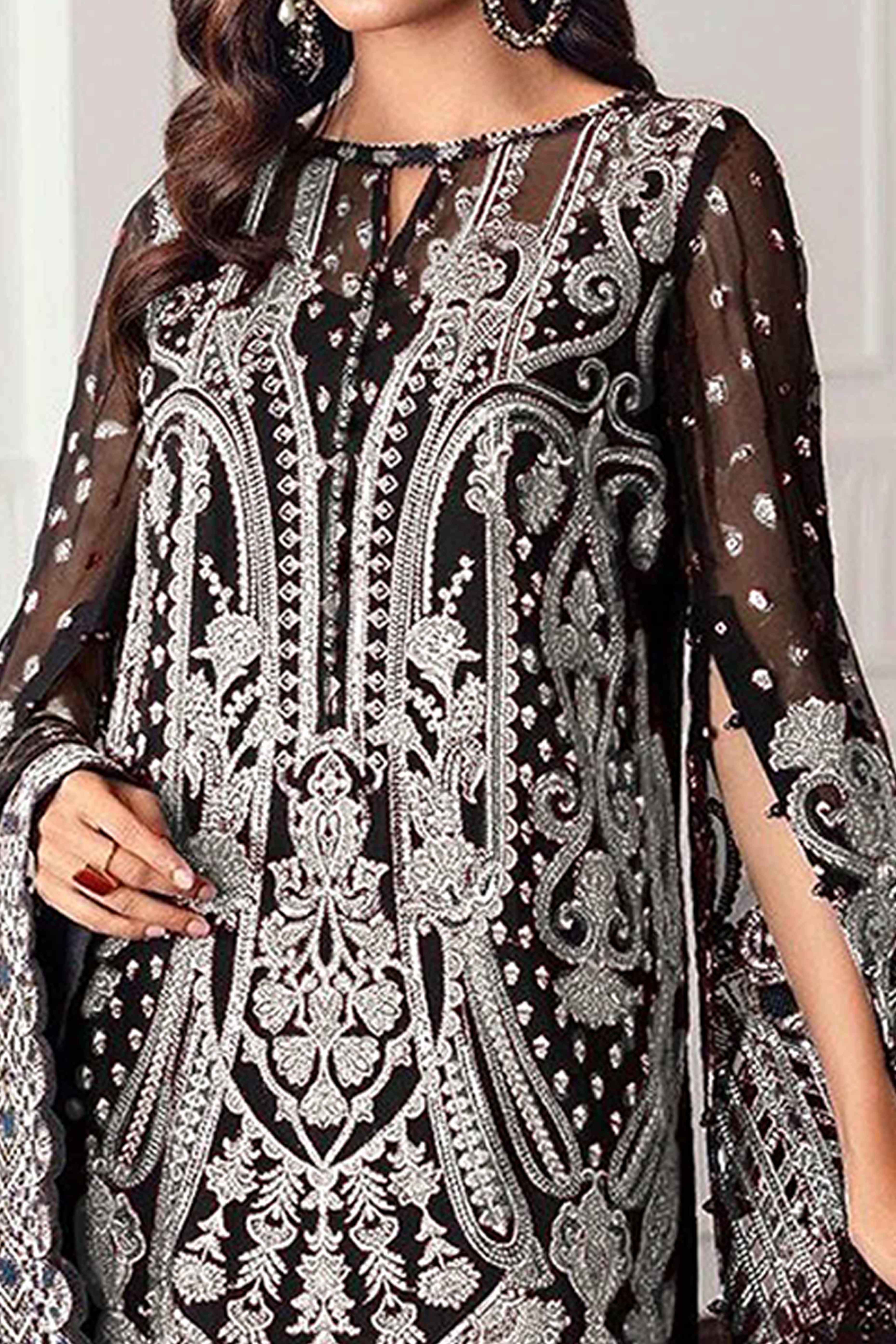 Black Georgette Semi Stitched Suit With Floral Peach Embroidery & Zarkan Work - Image 2