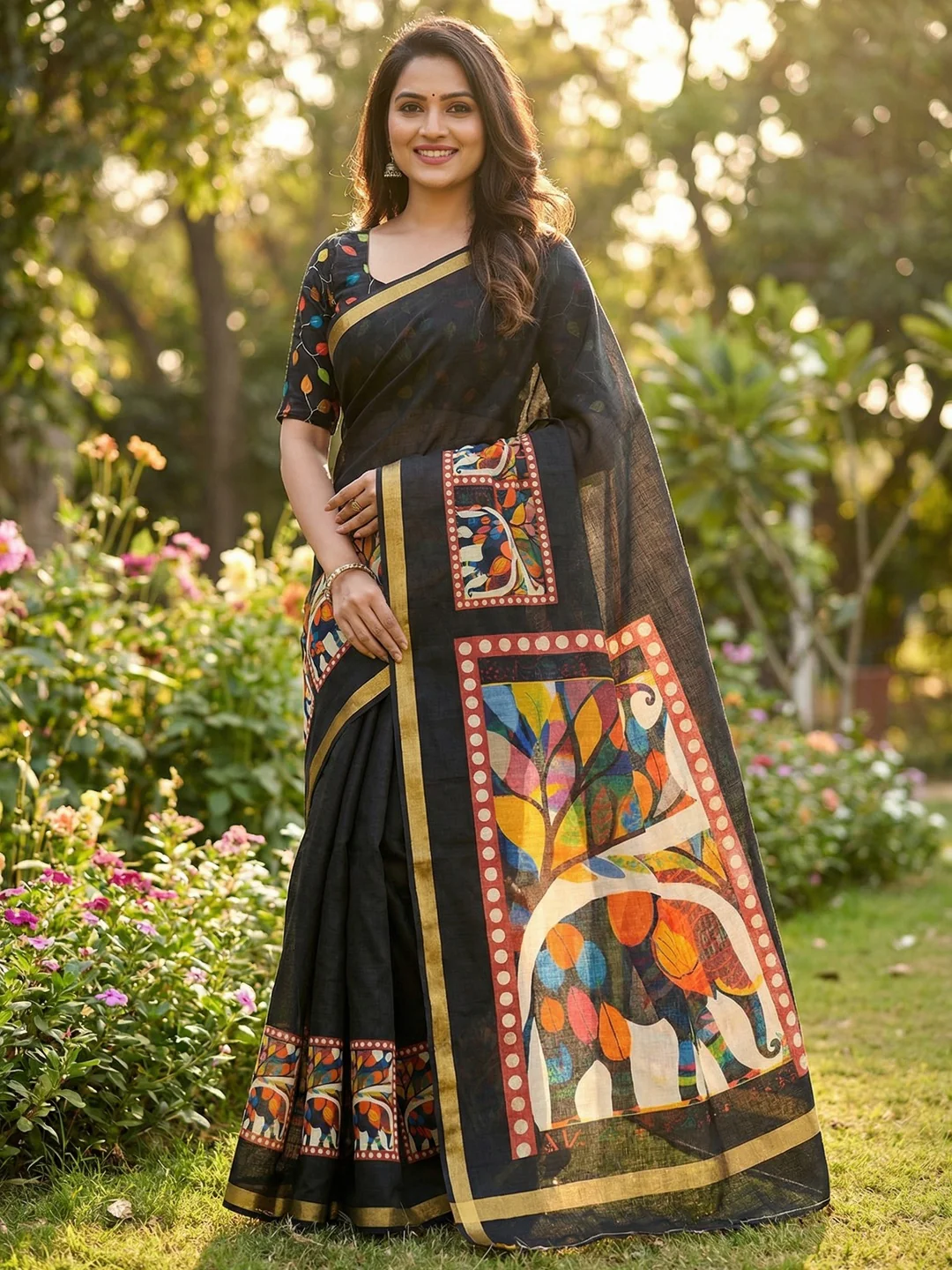 Black Graceful Black Linen Cotton Saree With Stylish Floral Prints For Effortless Elegance