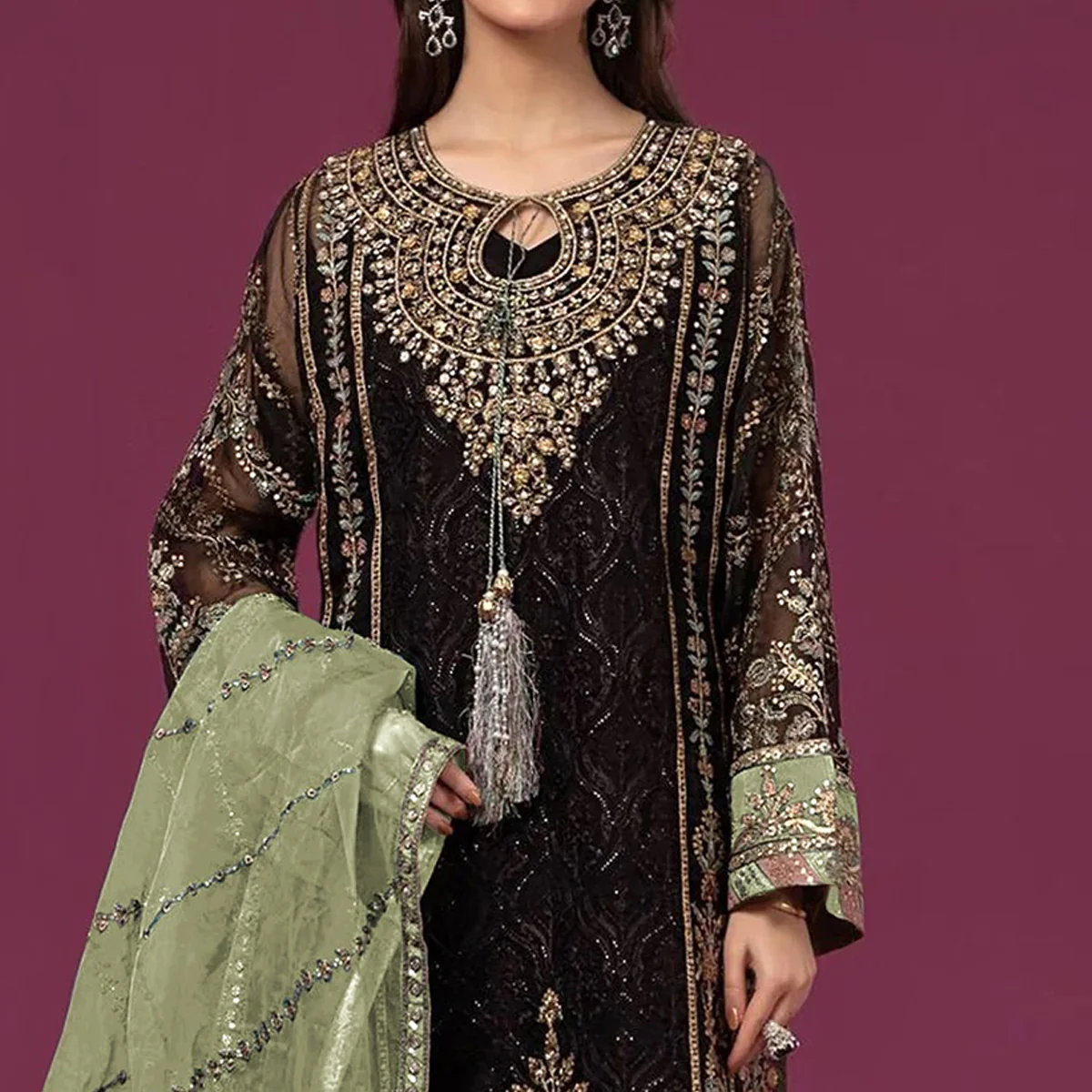 Black & Green Embroidered Georgette Semi Stitched Pakistani Suit - Image 3