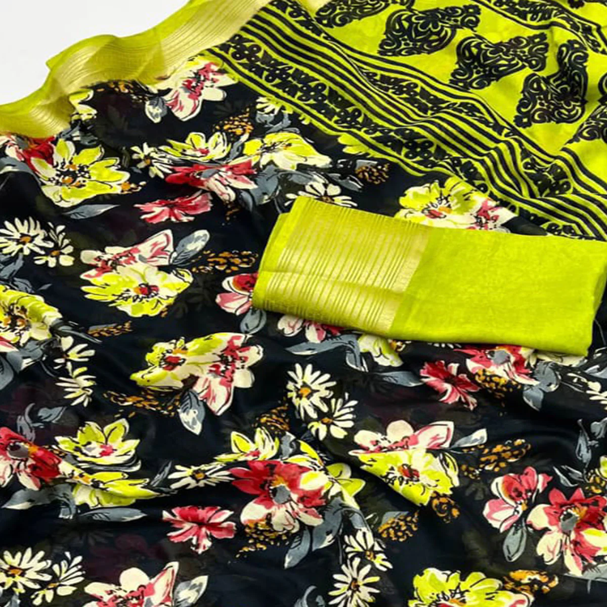 Black & Green Floral Printed Moss Georgette Saree With Woven Border - Image 2