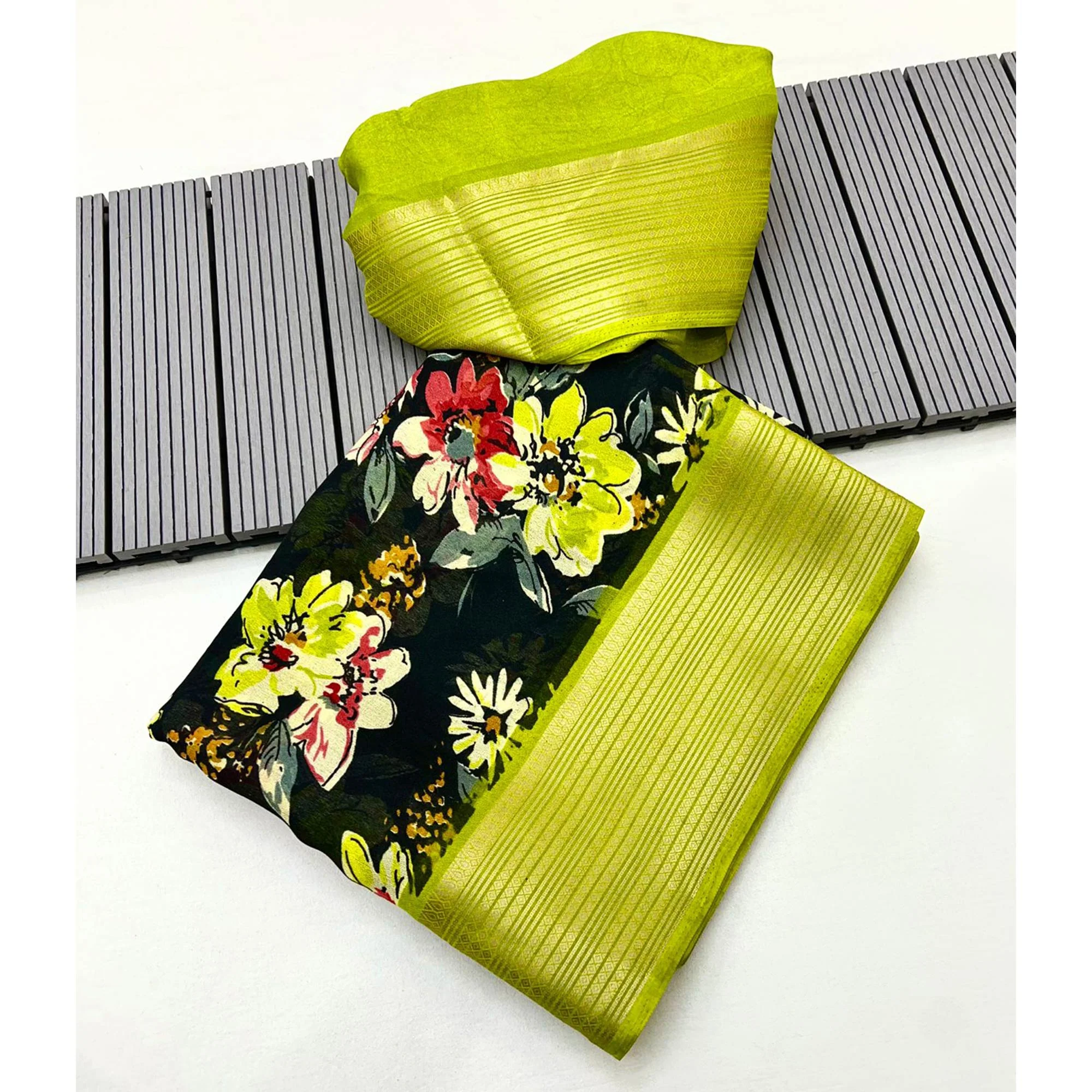 Black & Green Floral Printed Moss Georgette Saree With Woven Border - Image 3