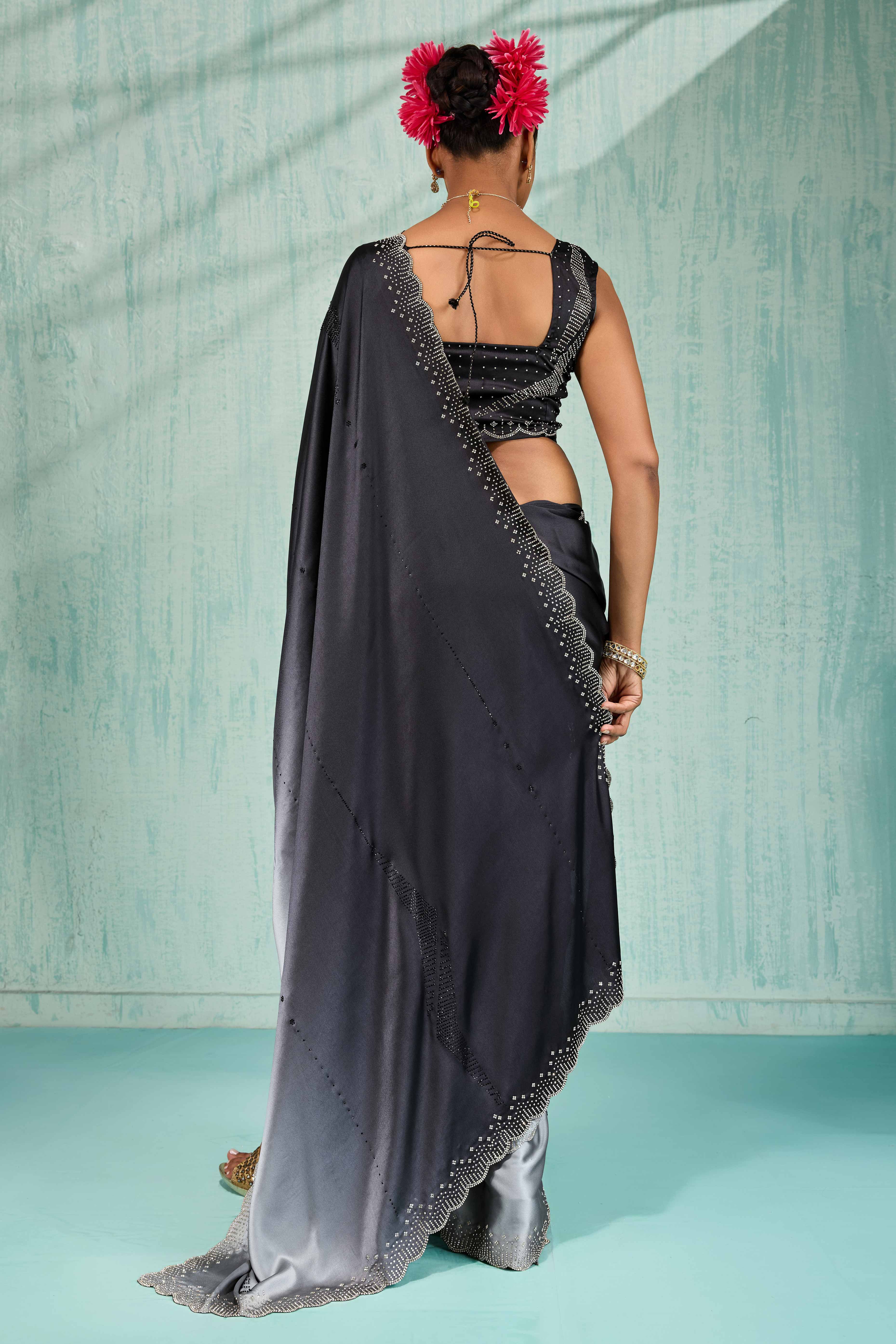 Black & Grey Satin Ombre Saree Adorned With Rhinestone Crystal Handwork & Elegant Scalloped Border - Image 5