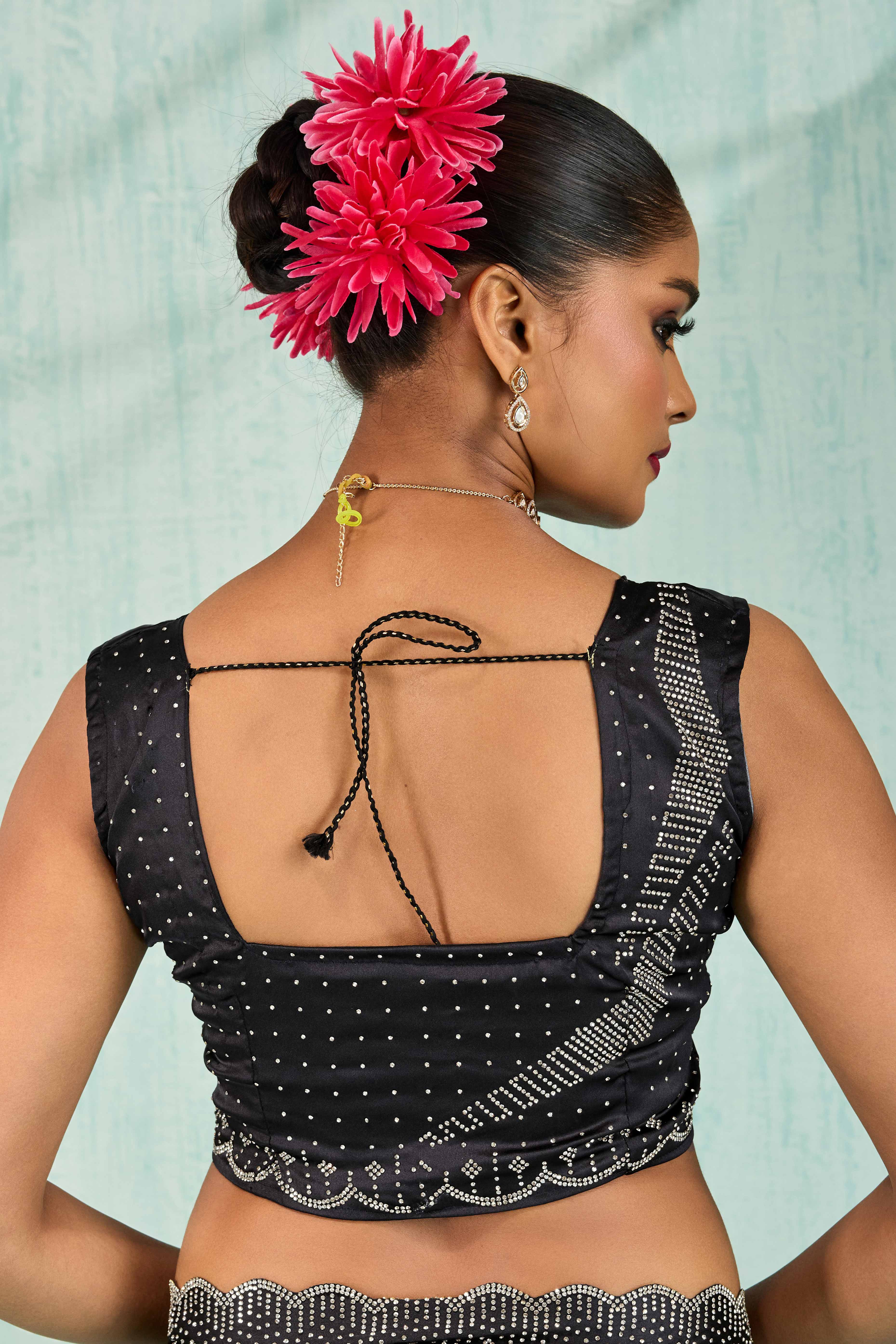 Black & Grey Satin Ombre Saree Adorned With Rhinestone Crystal Handwork & Elegant Scalloped Border - Image 8