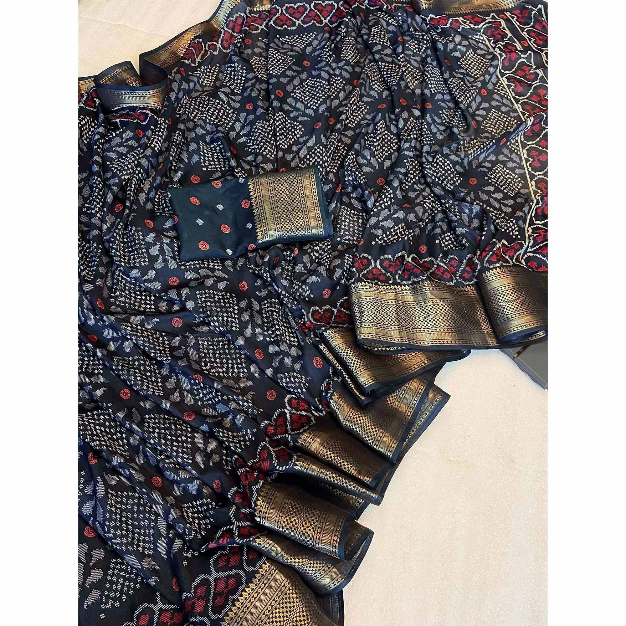 Black Ikkat Printed Cotton Silk Saree - Image 3